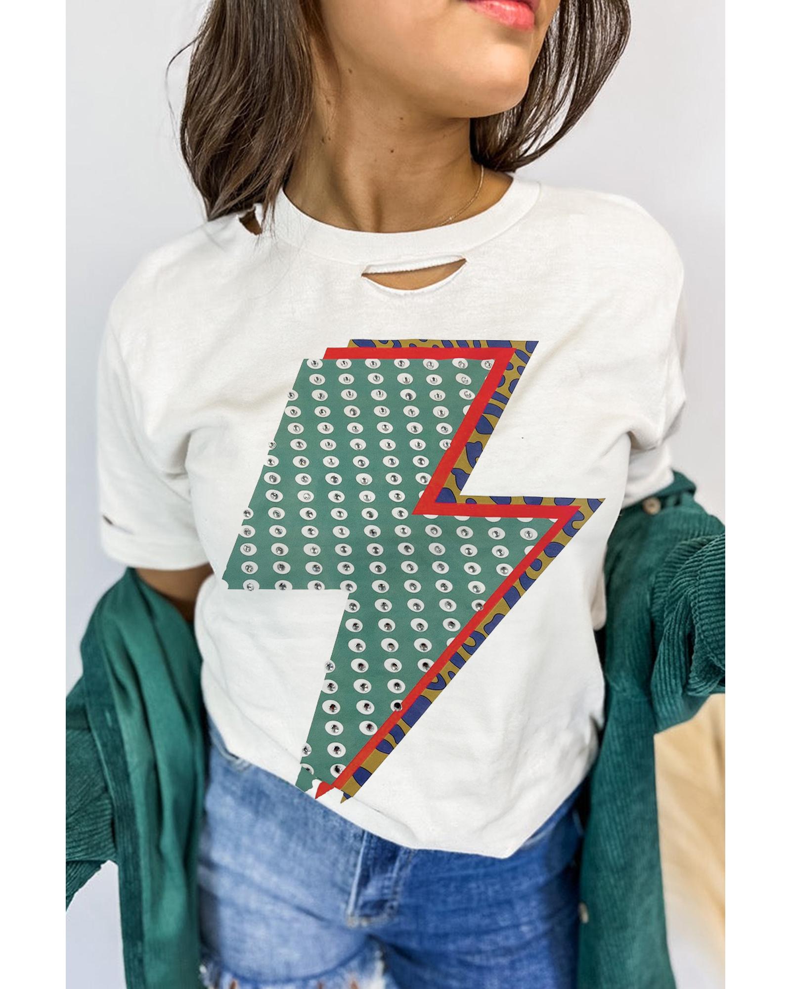 V539-AZEXDC25227570-P1-L-202508271300-00 White Rhinestone Decor Bolt Graphic Ripped Western Tee - L - Image 1