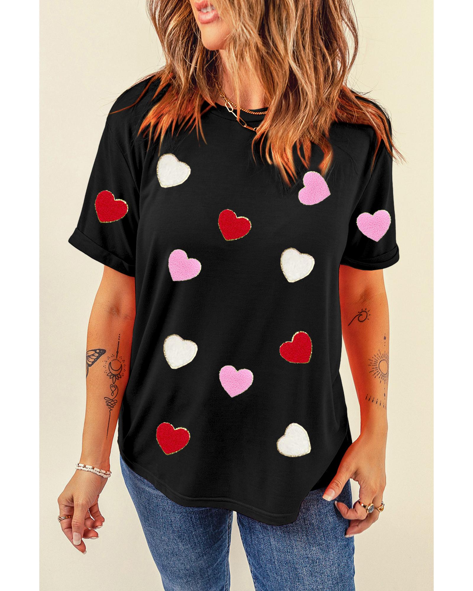 V539-AZEXDC25227608-2-XL-202508292350-00 Black Valentines Chenille Heart Patched Pattern Crewneck Tee - XL - Image 1