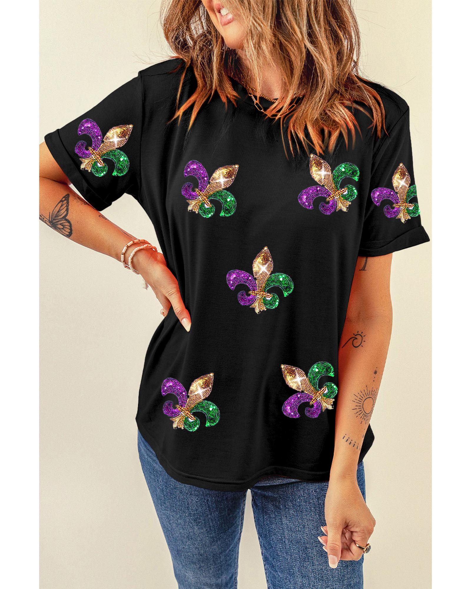 V539-AZEXDC25227609-2-2XL-202508300220-00 Black Mardi Gras Symbol Patched Crewneck T Shirt - 2XL - Image 1