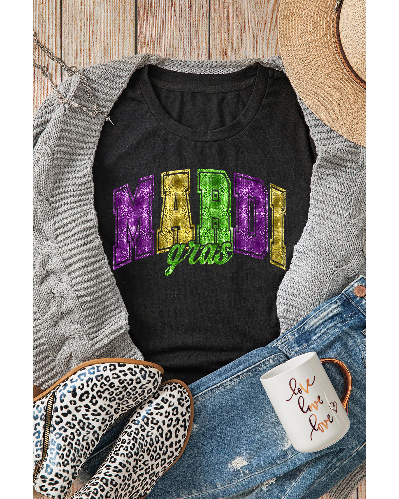 V539-AZEXDC25227634-2-M-202508300310-00 Black Mardi Gras Heat Transfer Graphic Holiday Tee - M - Image 1