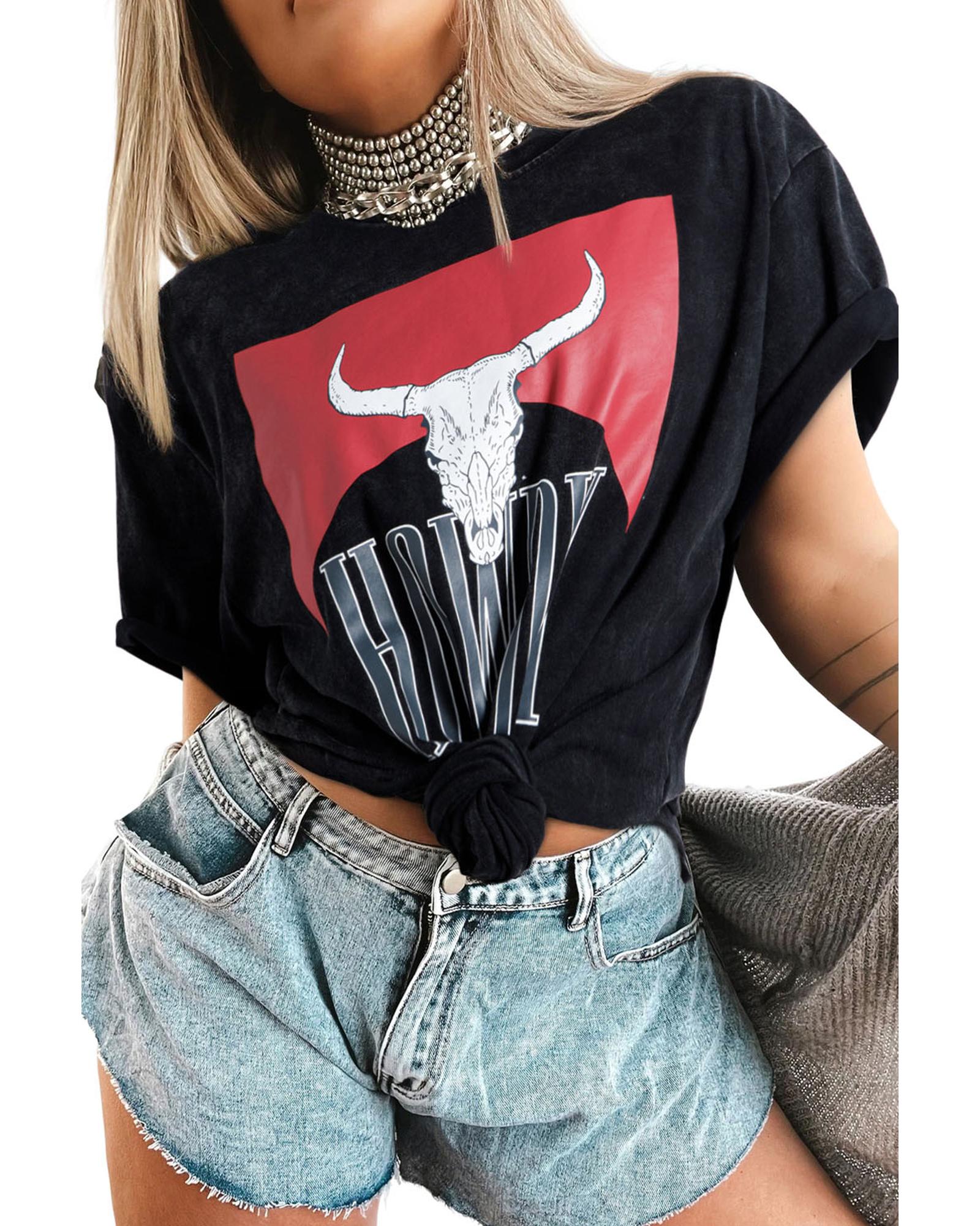 V539-AZEXDC25227666-P2-M-202508291840-00 Black Western HOWDY Steer Head Print Side Slits Loose Fit T Shirt - M - Image 1