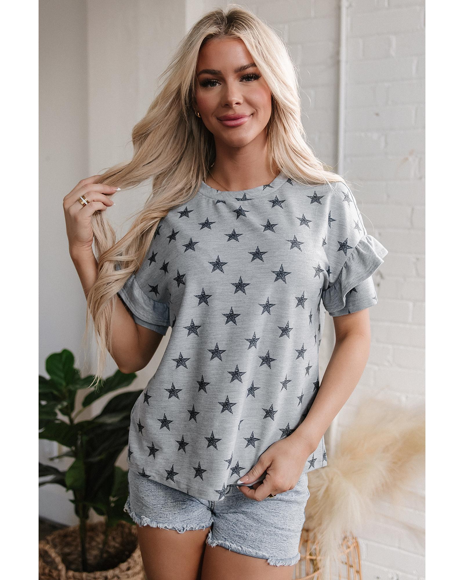 V539-AZEXDC25227684-P1120-XL-202508290015-00 Gray Star Print Tiered Ruffled Sleeve Crew Neck T Shirt - XL - Image 1