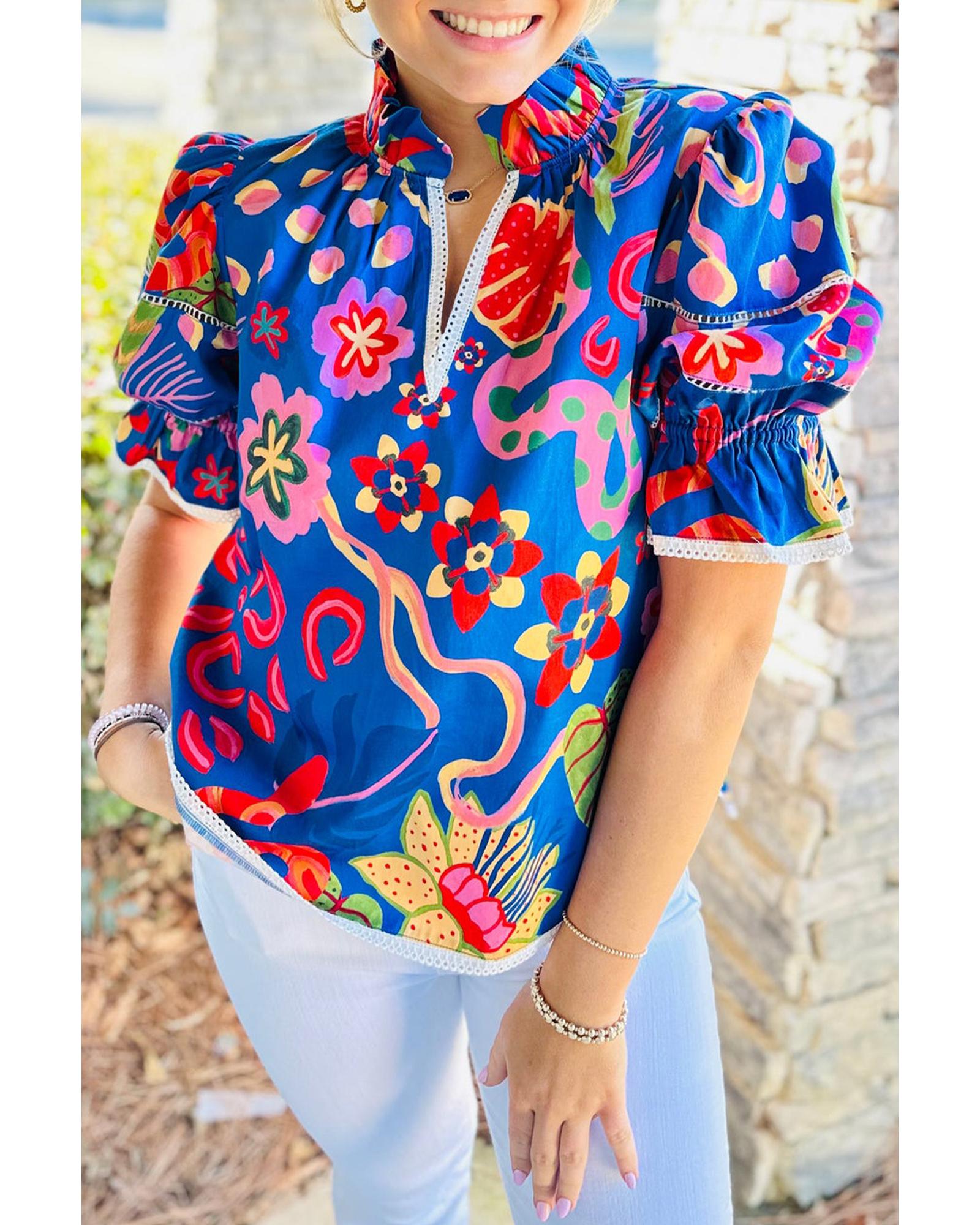 V539-AZEXDC25227747-P520-L-202508280055-00 Blue Abstract Print Frilled Collar Ruffled Puff Short Sleeve Top - L - Image 1