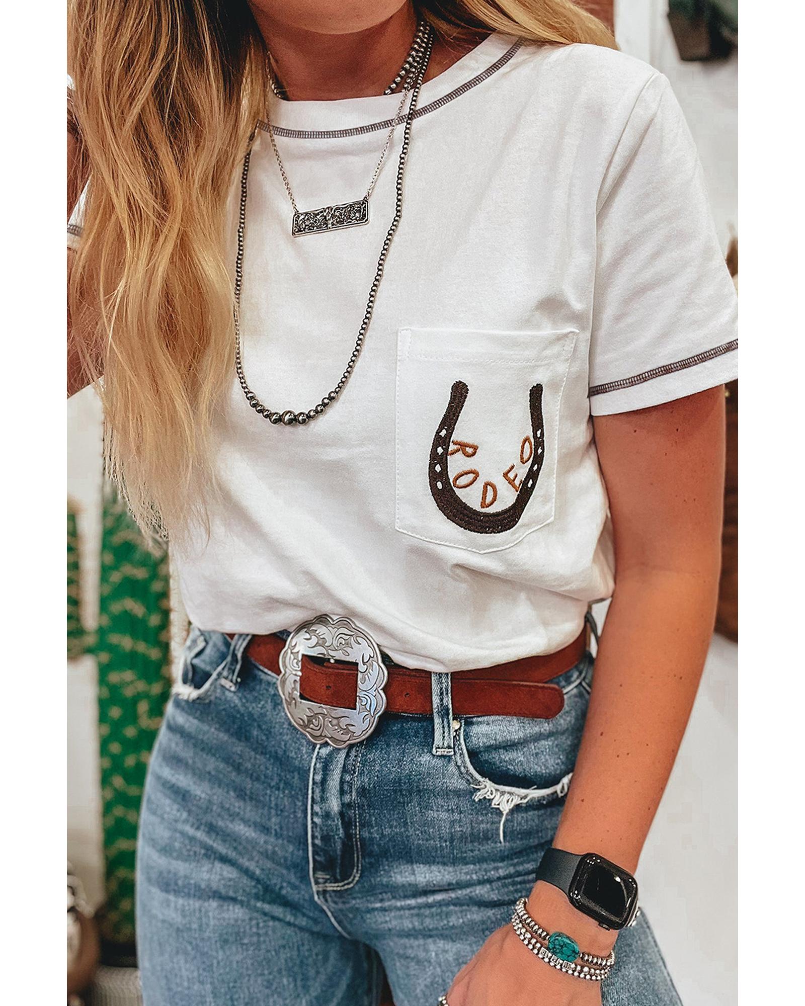 V539-AZEXDC25227785-P1-XL-202508280635-00 White RODEO Horseshoe Embroidered Patch Pocket T Shirt - XL - Image 1