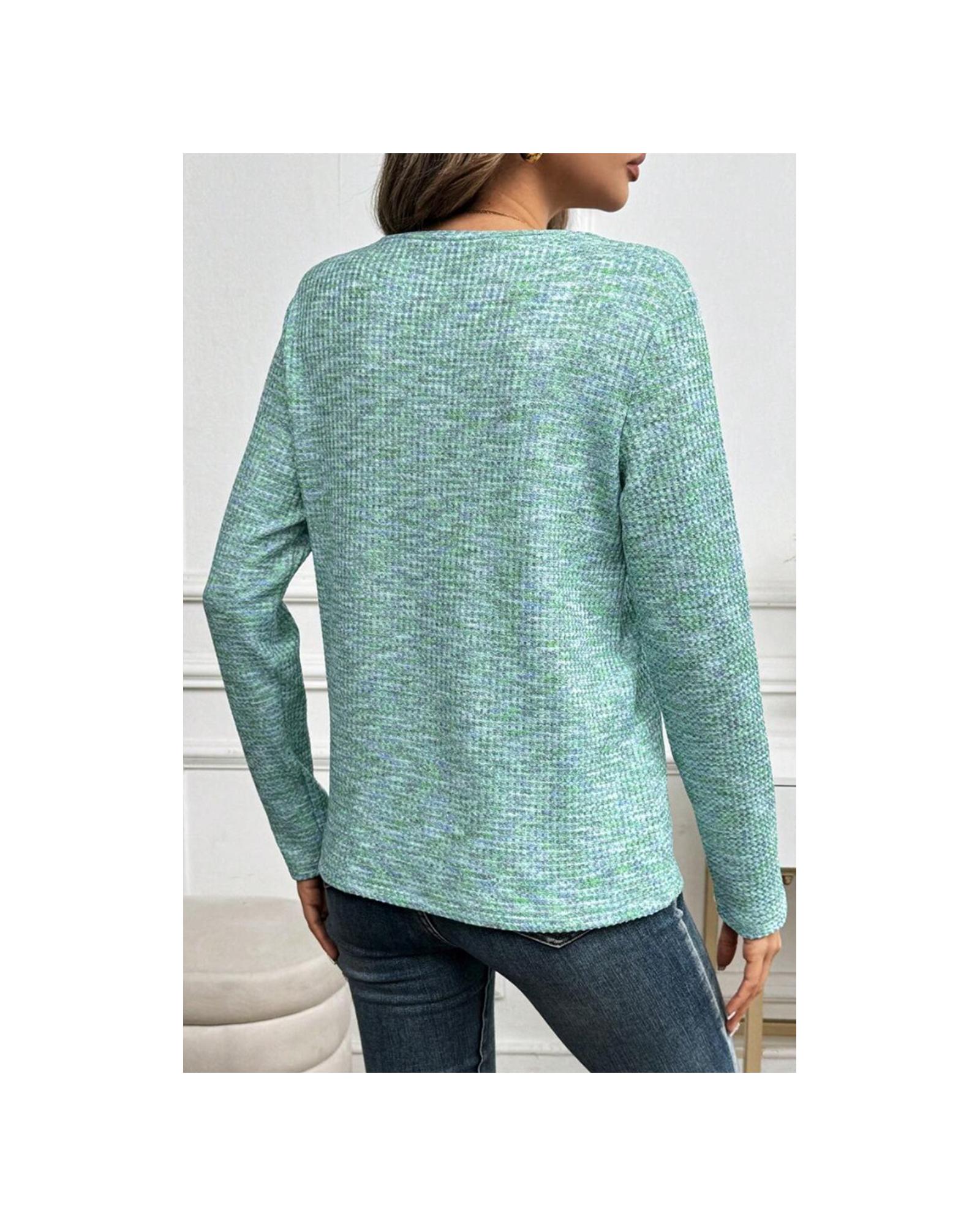 V539-AZEXDC25227897-P2209-S-202506121641-00 Moonlight Jade Buttoned V Neck Textured Knit Long Sleeve Top - S - Image 1