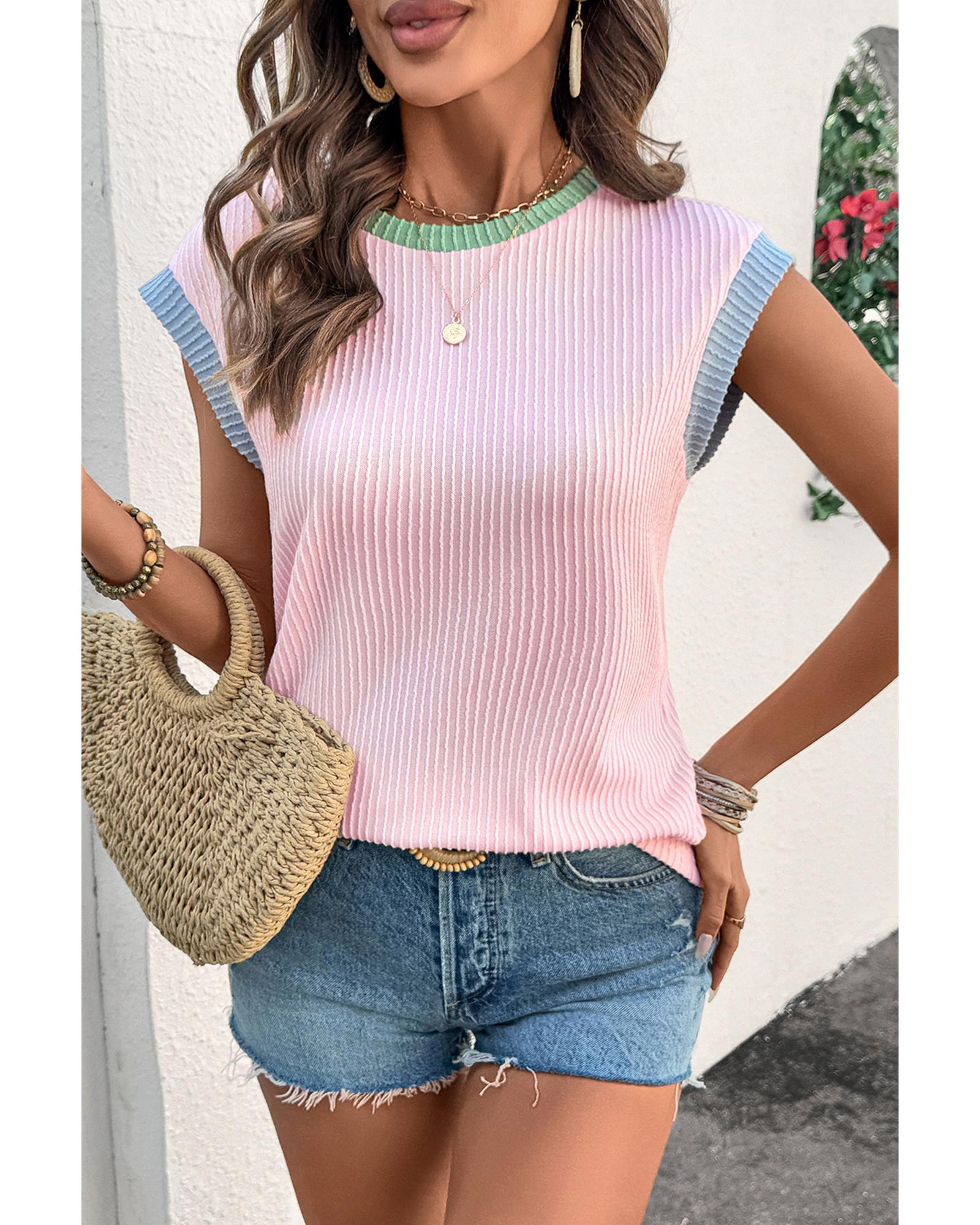 V539-AZEXDC25227942-P1022-S-202506121652-00 Pink Color Block Corded Knit Crew Neck Tee - S - Image 1