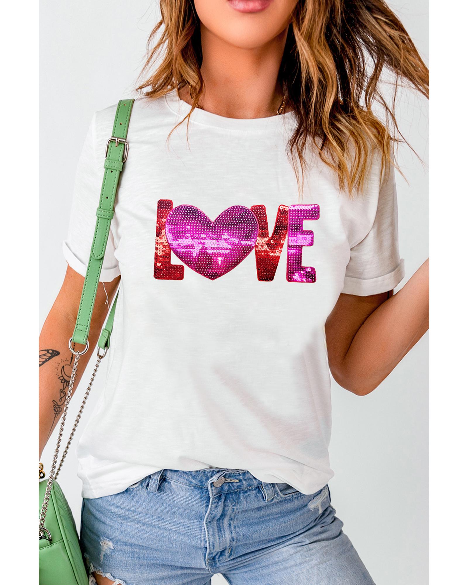 V539-AZEXDC25227984-1-XL-202508300050-00 White Heart LOVE Patched Pattern Crewneck Valentines T Shirt - XL - Image 1
