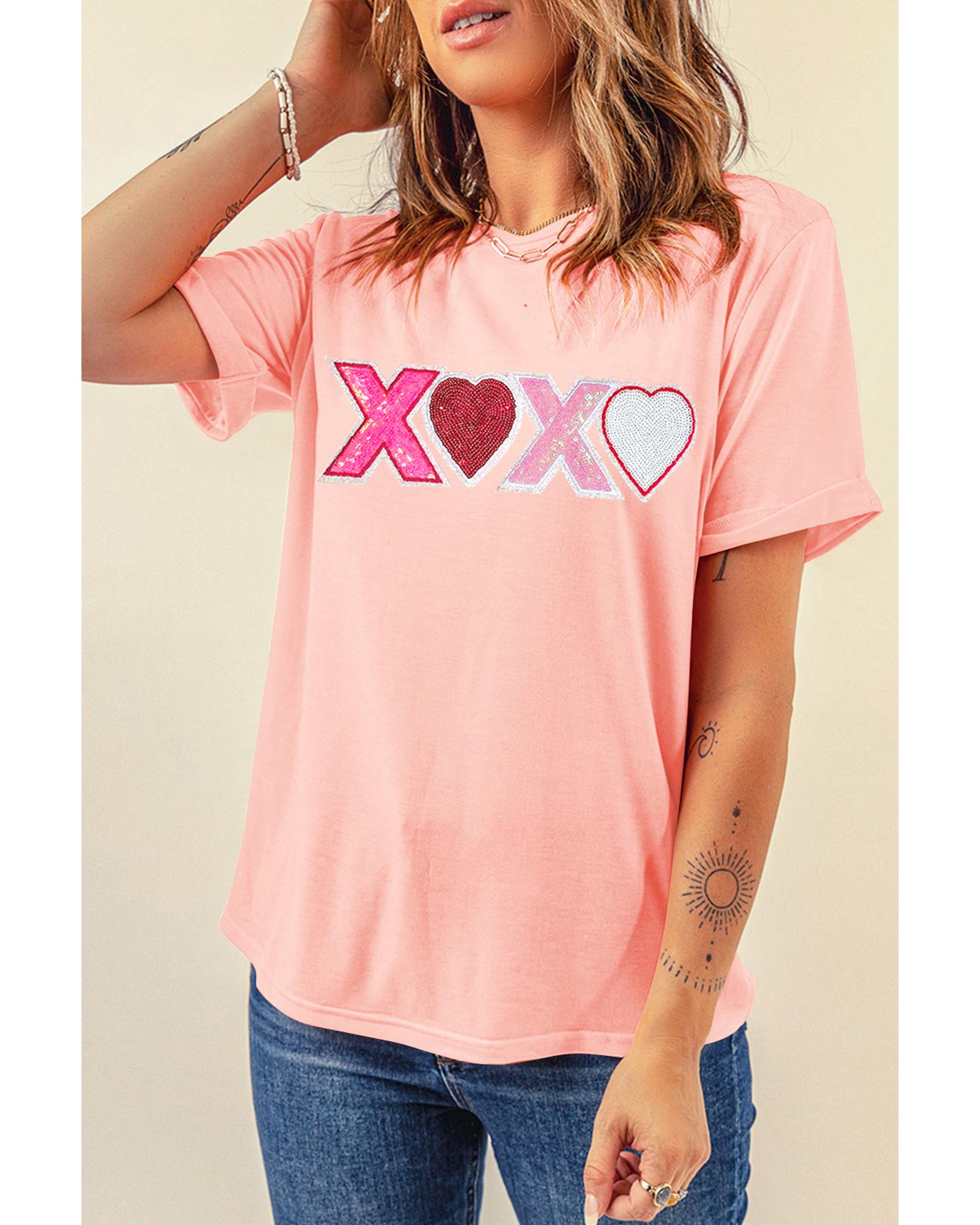 V539-AZEXDC25227986-10-S-202506121737-00 Pink Sequin Heart XOXO Patched Graphic Valentines T Shirt - S - Image 1