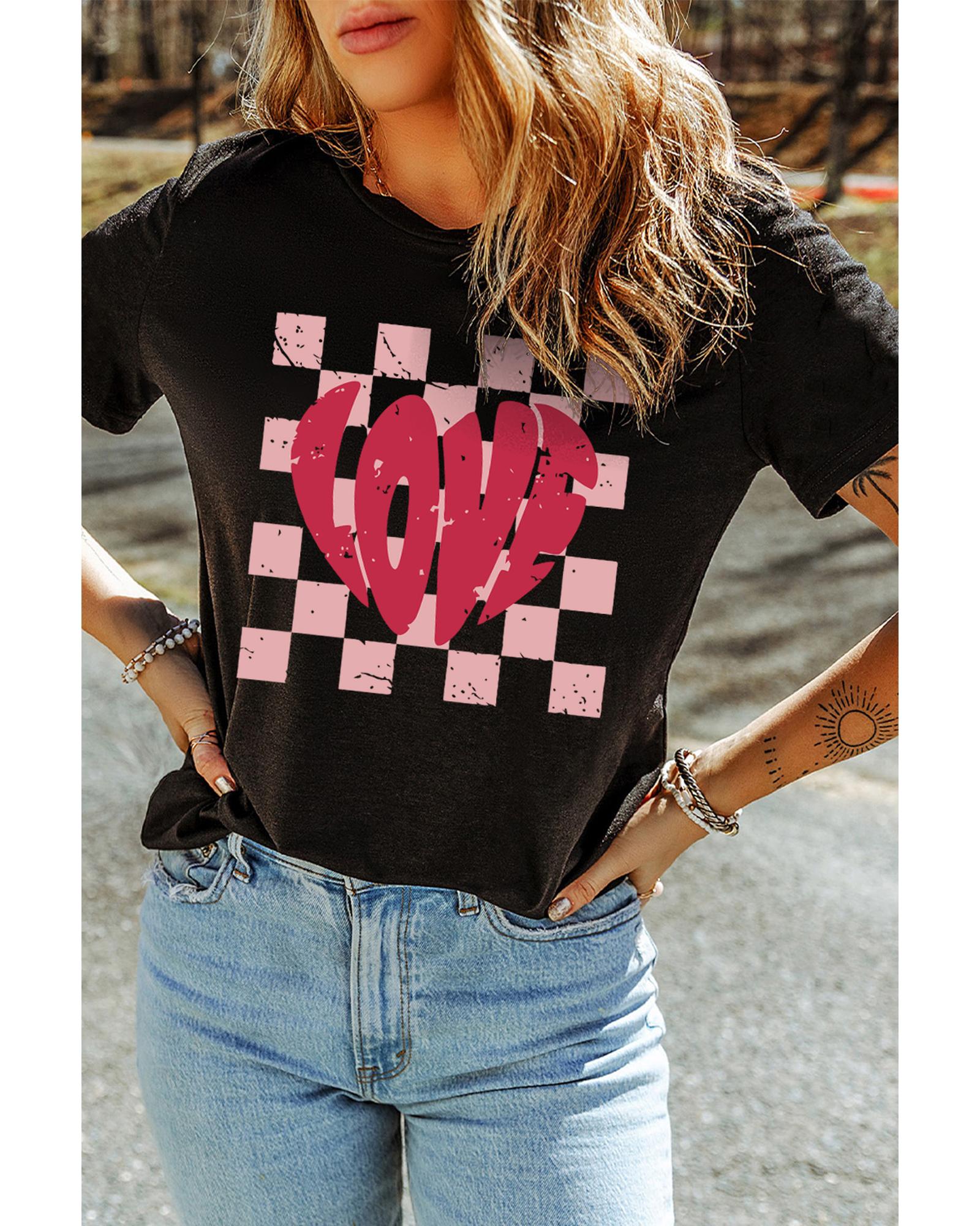 V539-AZEXDC25228033-2-M-202508292050-00 Black LOVE Checkered Graphic Valentine Tee - M - Image 1