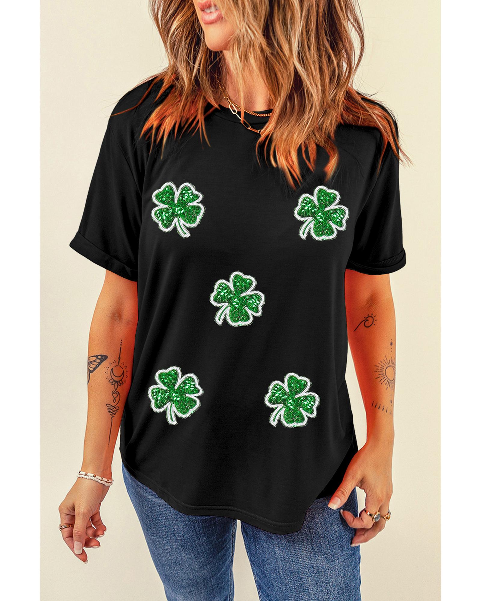 V539-AZEXDC25228037-2-2XL-202508272345-00 Black Four Leaf Clover Graphic St. Patricks Crewneck Tee - 2XL - Image 1