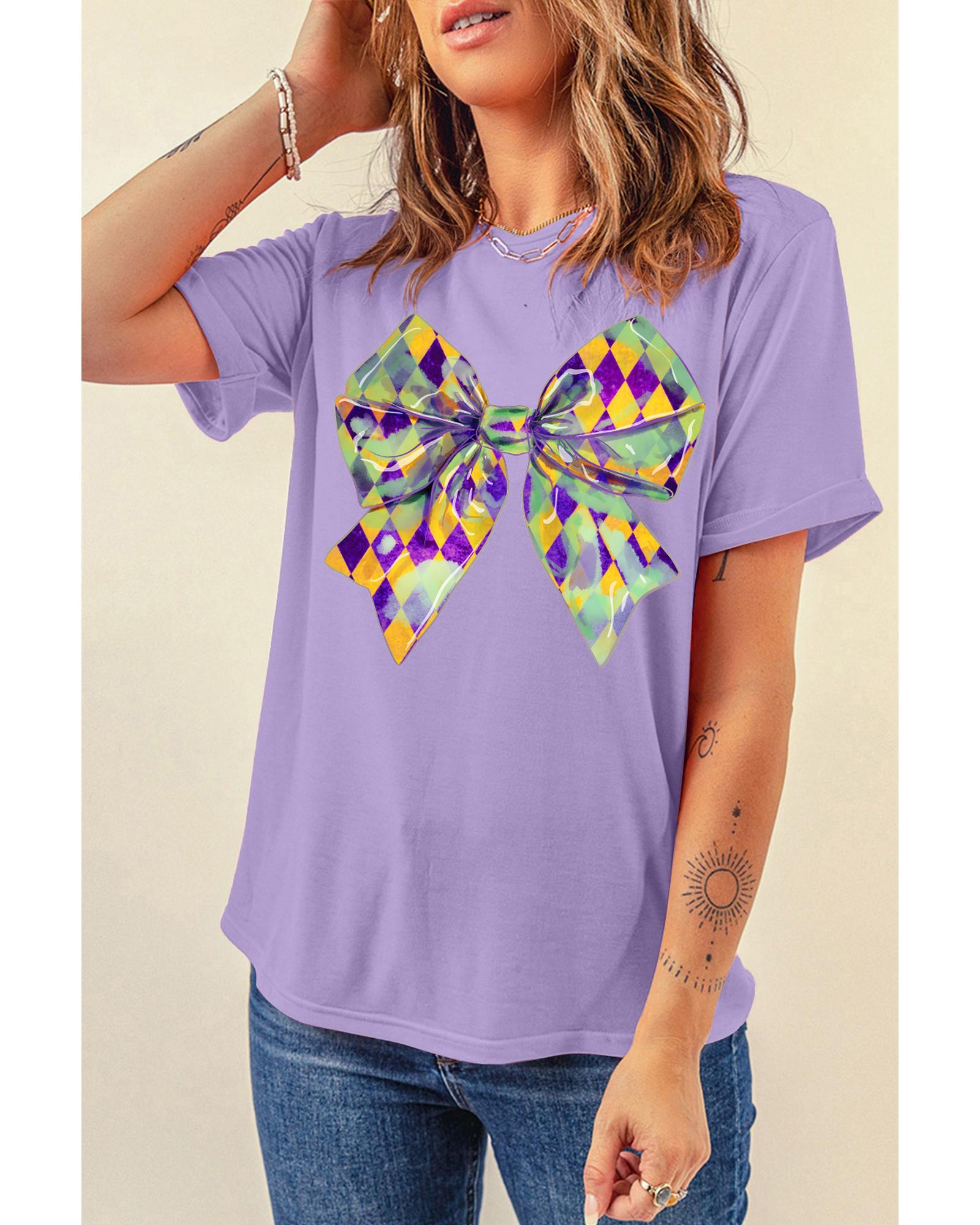 V539-AZEXDC25228042-P208-L-202508271015-00 Wisteria Mardi Gras Bowknot Pattern Crew Neck T Shirt - L - Image 1