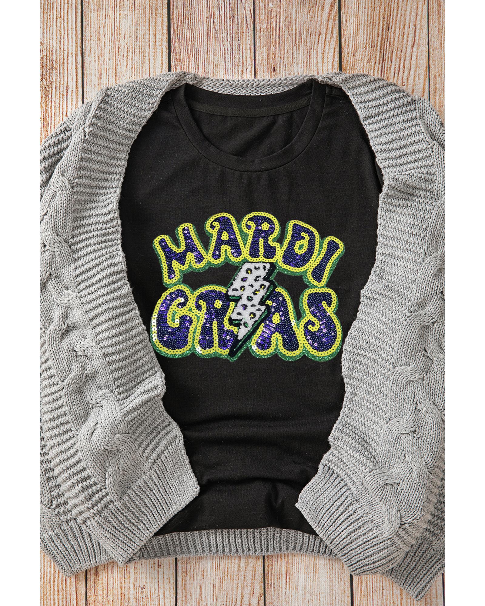 V539-AZEXDC25228043-2-S-202506130008-00 Black MARDI GRAS Lightning Graphic Short Sleeve Top - S - Image 1
