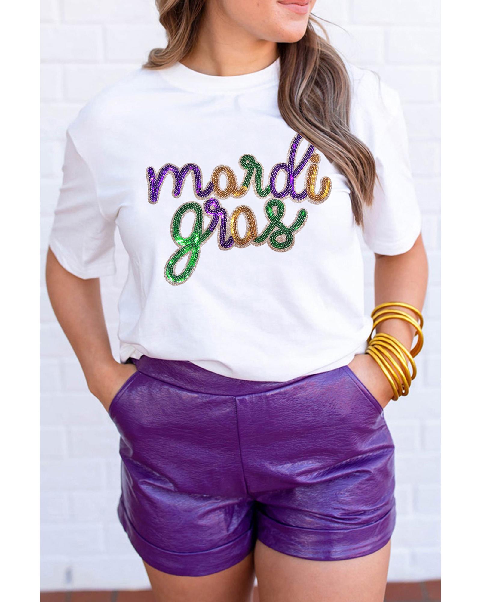 V539-AZEXDC25228047-1-XL-202508272315-00 White Sequin mardi gras Graphic T Shirt - XL - Image 1