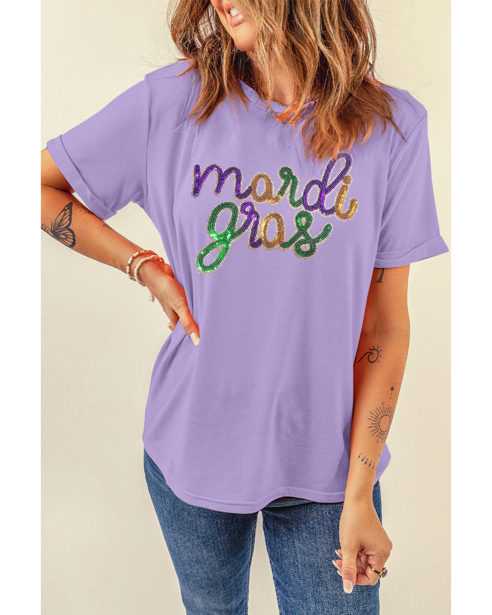 V539-AZEXDC25228047-P208-XL-202506130035-00 Wisteria Sequin mardi gras Graphic T Shirt - XL - Image 1