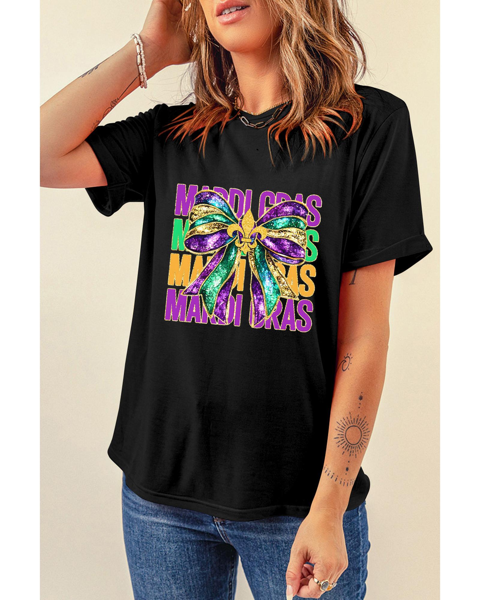 V539-AZEXDC25228094-2-S-202506130046-00 Black MARDI GRAS Fleur de Lis Bowknot Printed Crewneck Tee - S - Image 1