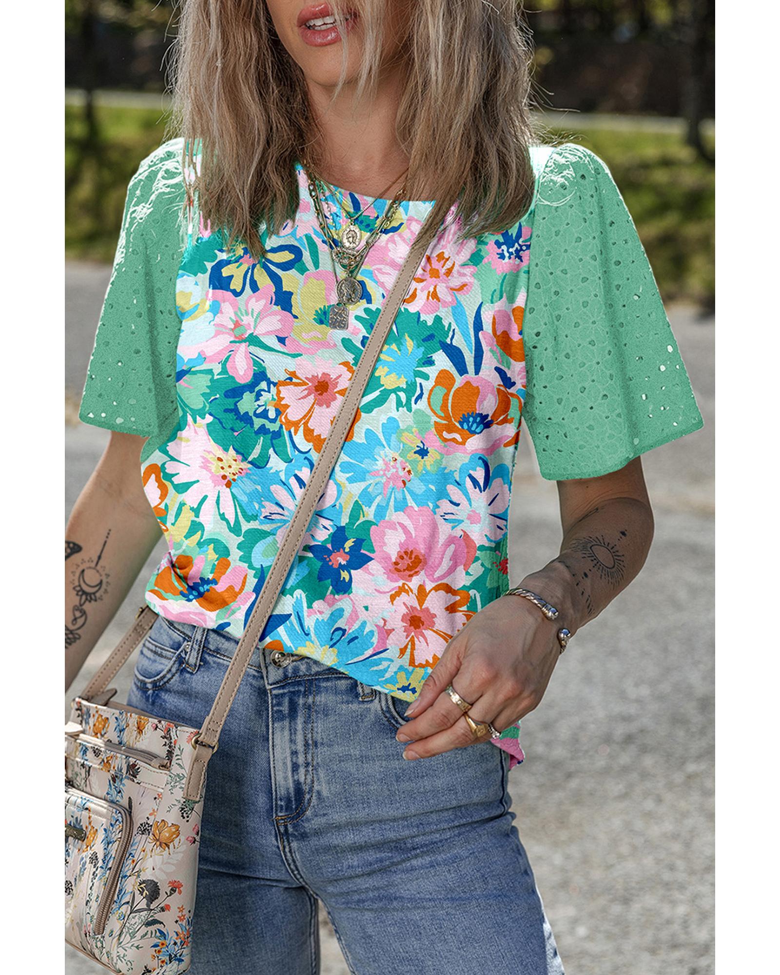 V539-AZEXDC25228104-P920-S-202508291725-00 Green Floral Print Eyelet Embroidered Short Sleeve Crew Neck Top - S - Image 1
