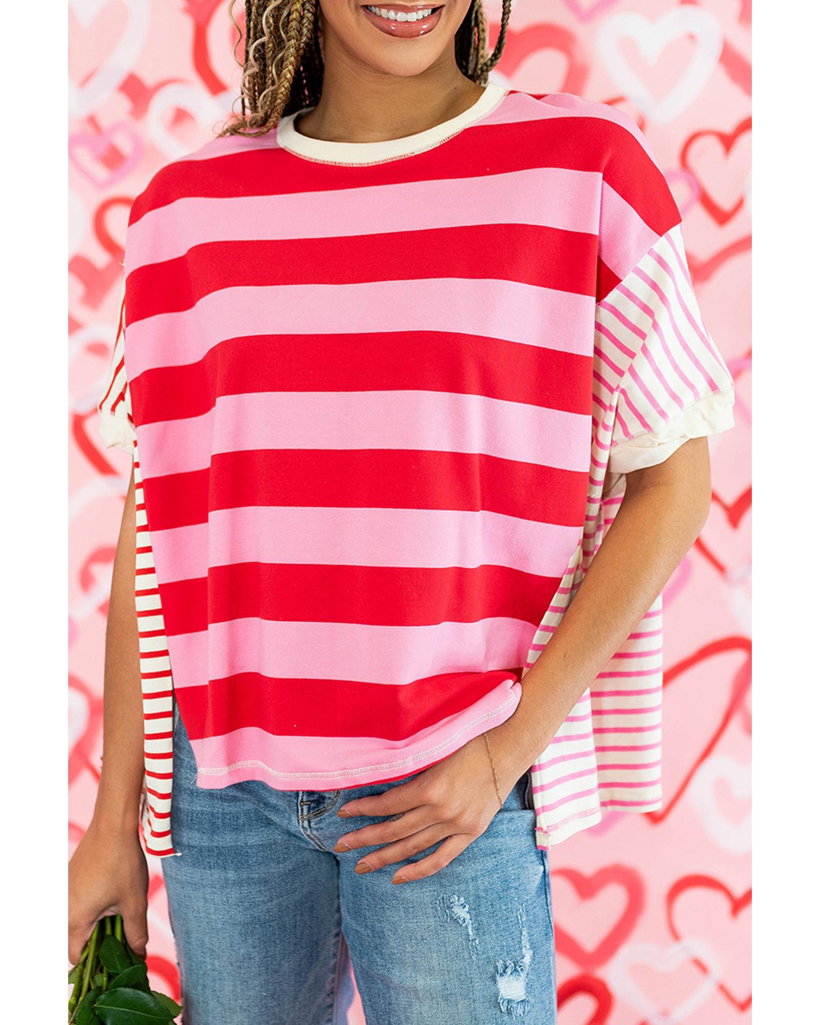 V539-AZEXDC25228118-P1019-XL-202508300535-00 Pink Stripe Patchwork Round Neck Side Split Loose T Shirt - XL - Image 1
