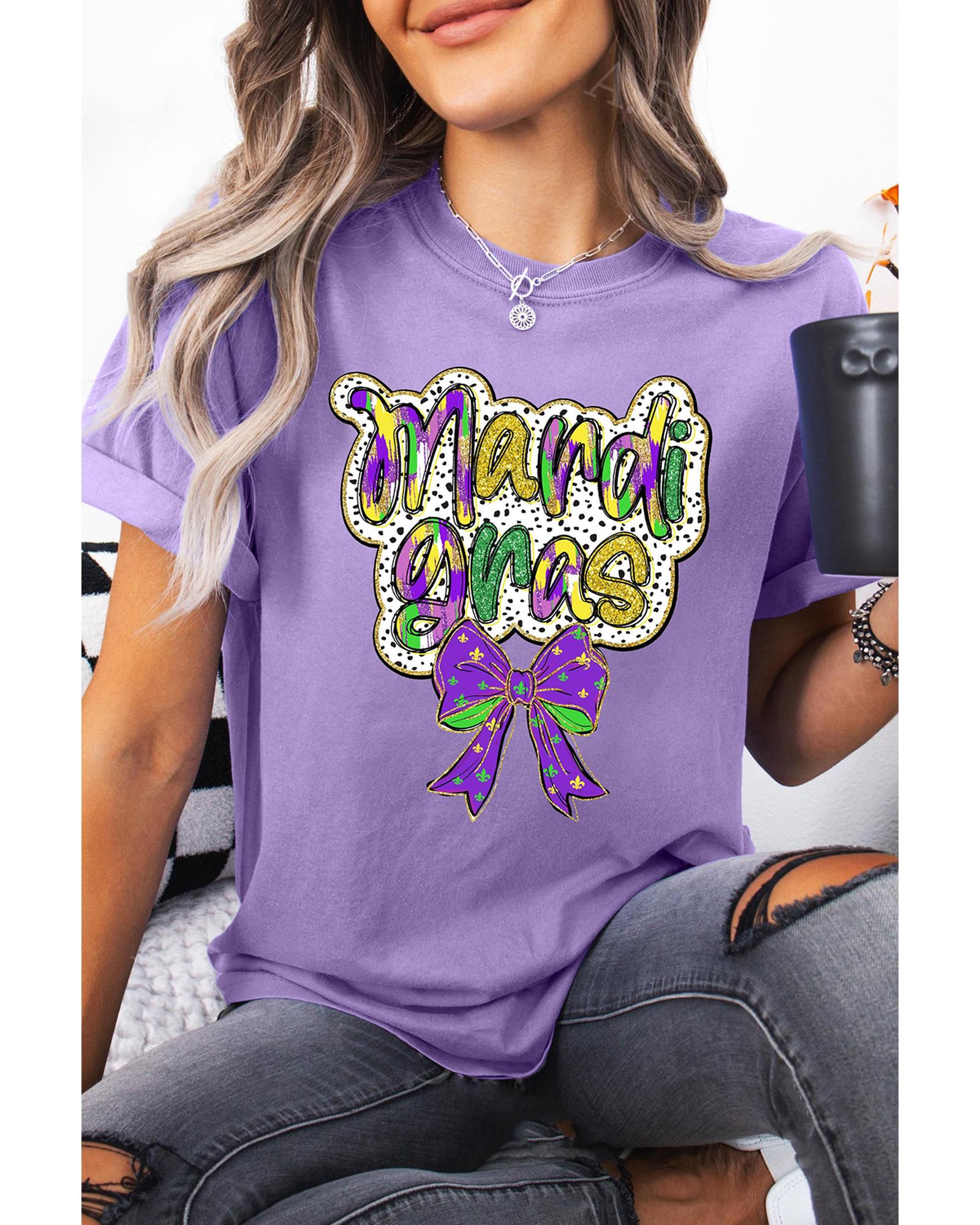 V539-AZEXDC25228127-P208-M-202508281020-00 Wisteria mardi gras Bow Printed Crewneck Holiday T Shirt - M - Image 1