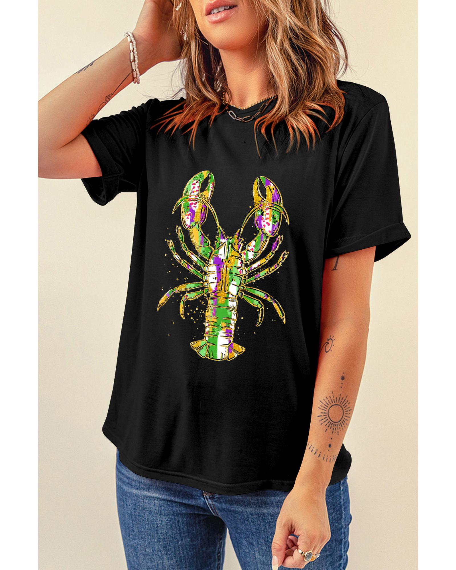 V539-AZEXDC25228175-2-XL-202508300545-00 Black Mardi Gras Lobster Heat Transfer Graphic T Shirt - XL - Image 1