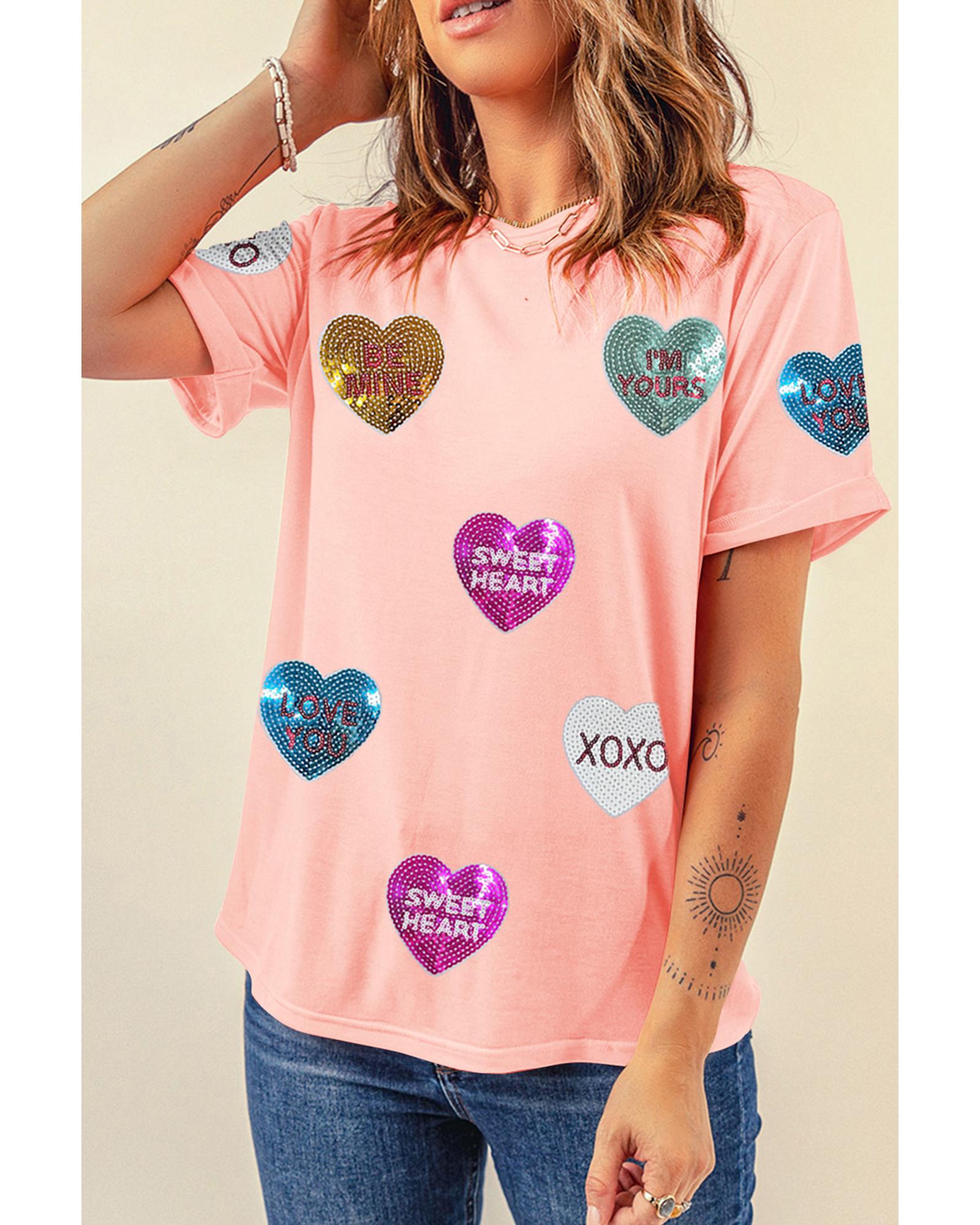 V539-AZEXDC25228197-10-M-202508291800-00 Pink Sequin Valentines Lettering Heart Patched Crewneck T Shirt - M - Image 1