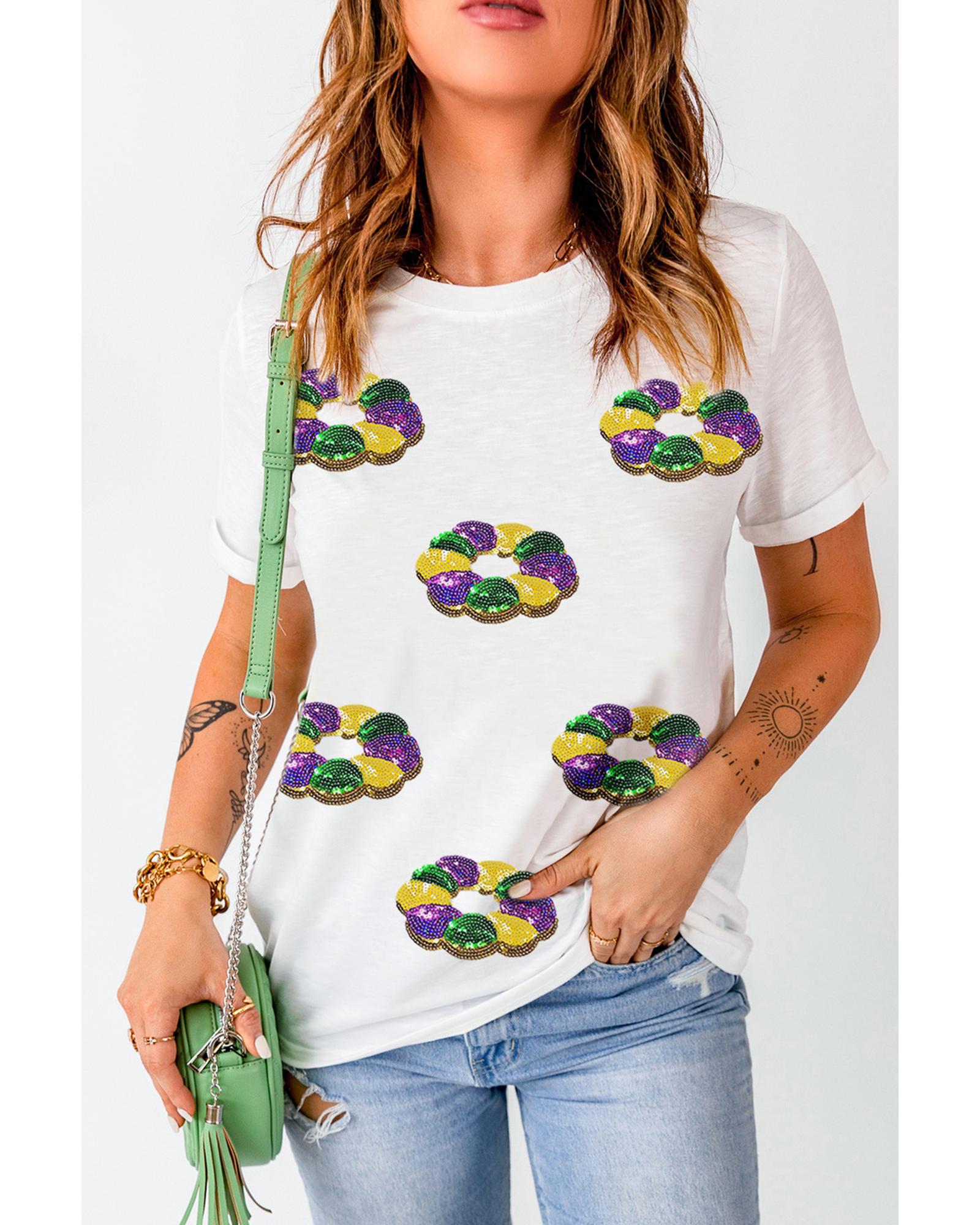 V539-AZEXDC25228252-1-M-202508282155-00 White Sequined Mardi Gras Pattern Crew Neck Short Sleeve Top - M - Image 1