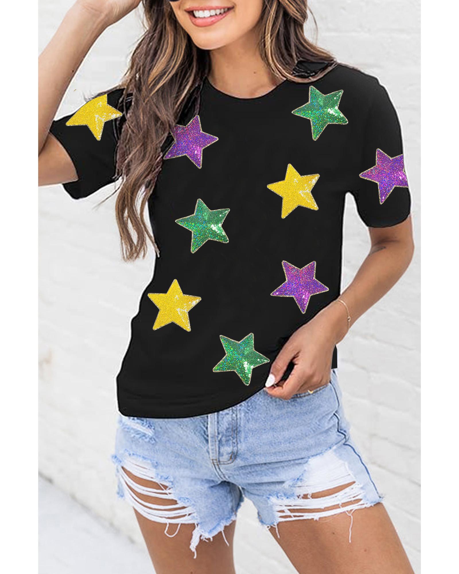 V539-AZEXDC25228263-2-S-202506122117-00 Black Colorful Sequin Stars Patched Relaxed T Shirt - S - Image 1