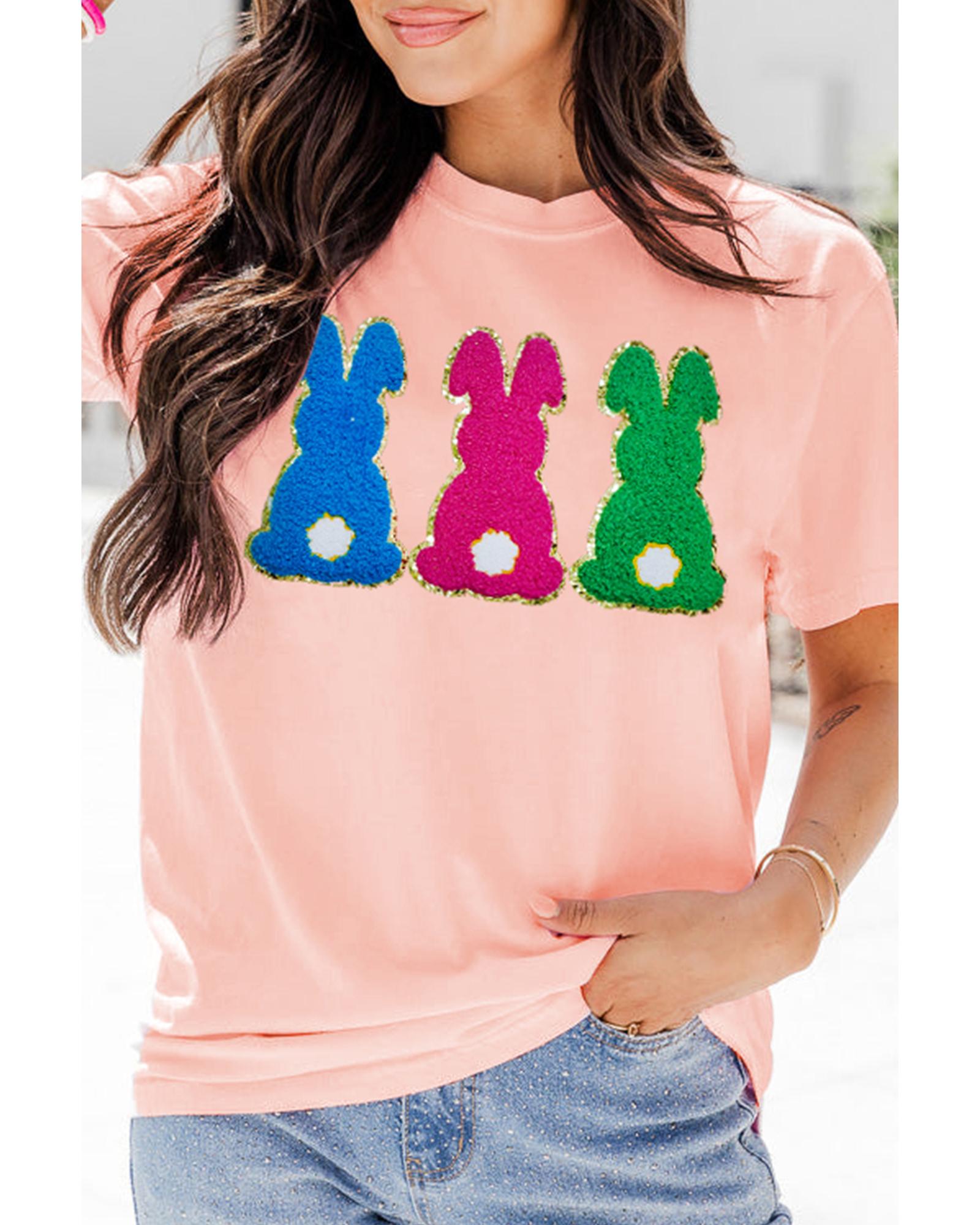 V539-AZEXDC25228306-10-M-202508281850-00 Pink Easter Bunny Chenille Patched Graphic Tee - M - Image 1