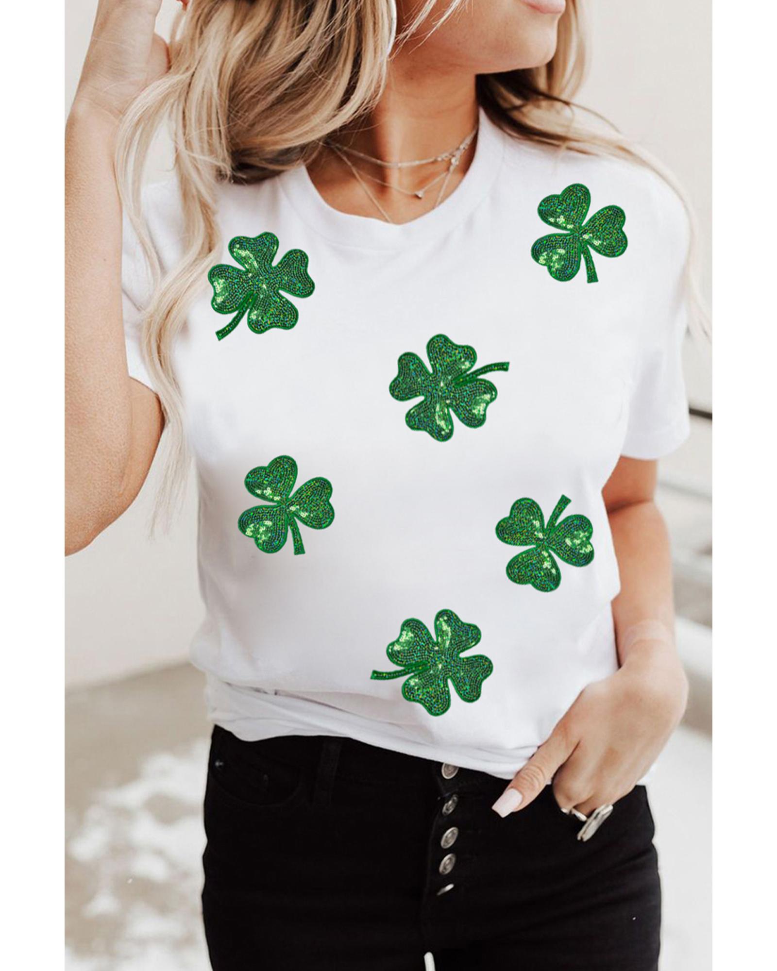 V539-AZEXDC25228369-1-M-202508291430-00 White Sequin Lucky Clover Graphic Crewneck Tee - M - Image 1