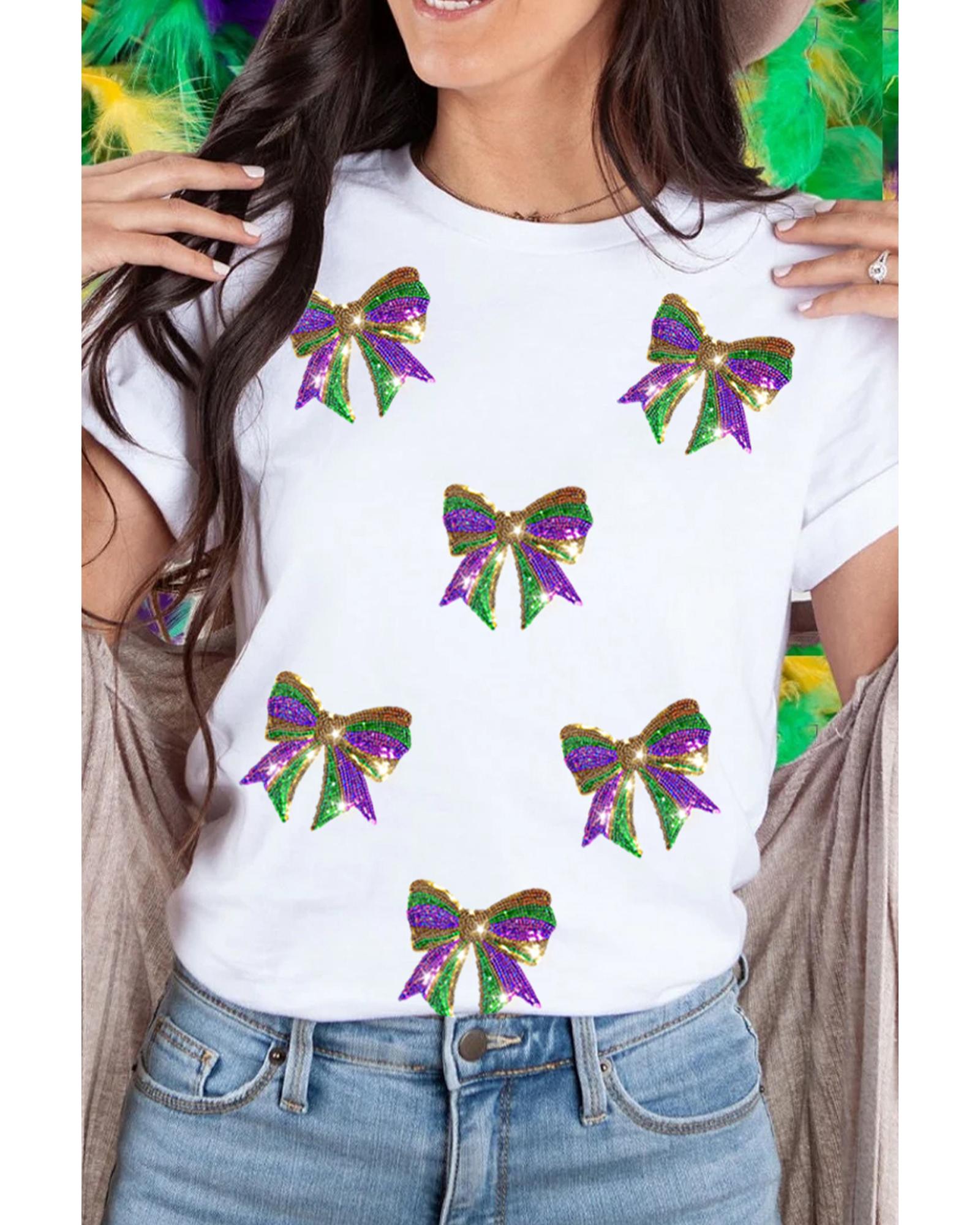 V539-AZEXDC25228371-1-3XL-202508292250-00 White Sequin Mardi Gras Bow Graphic Crewneck Tee - 3XL - Image 1