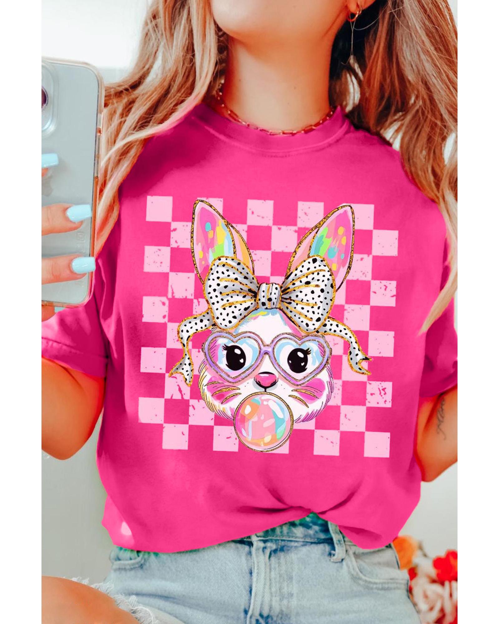 V539-AZEXDC25228506-P6-S-202506122247-00 Rose Red Plaid Bubble Gum Rabbit Graphic Eater T Shirt - S - Image 1