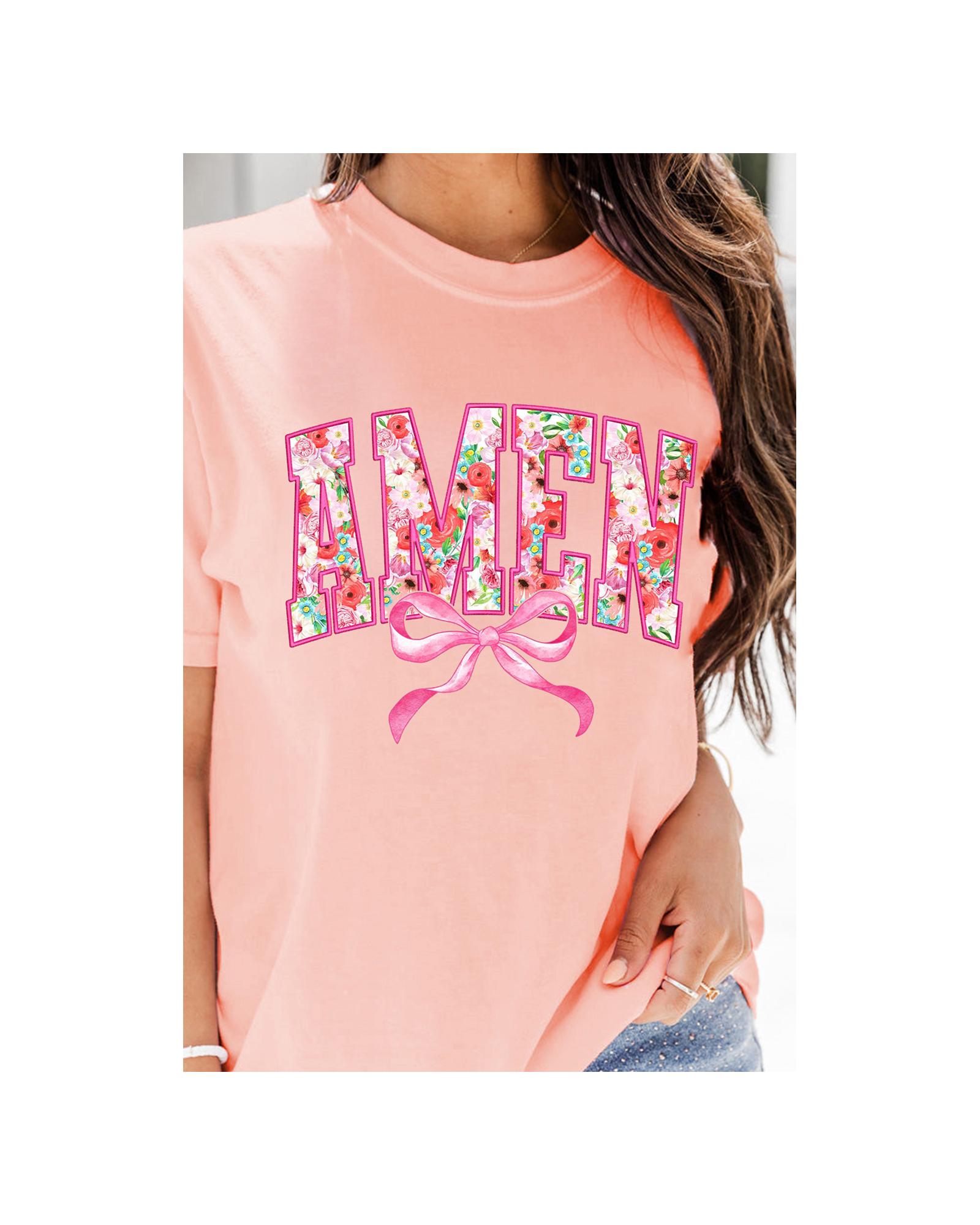 V539-AZEXDC25228528-10-L-202508281245-00 Pink Floral AMEN Bow Graphic Crewneck T Shirt - L - Image 1