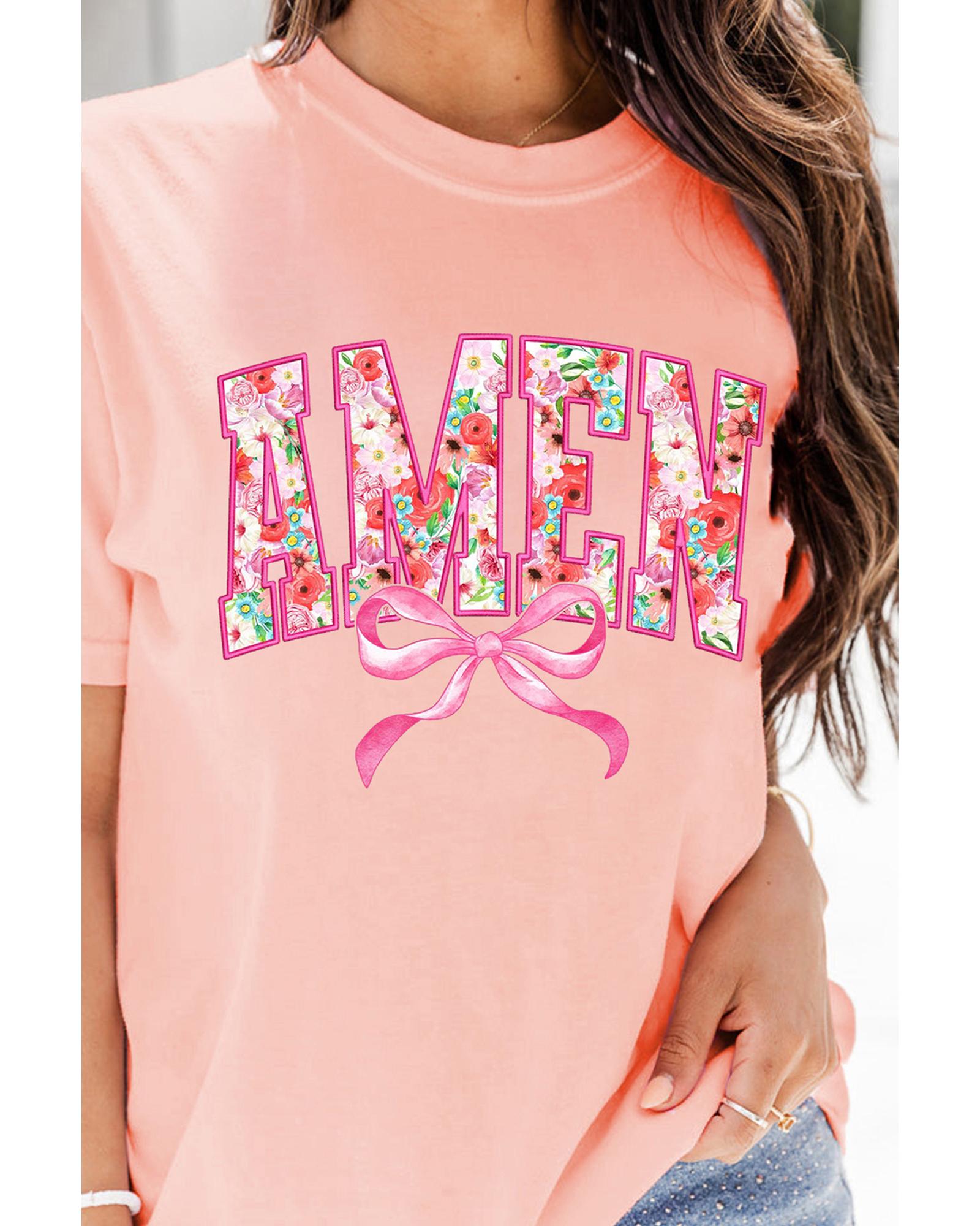 V539-AZEXDC25228528-10-M-202508281600-00 Pink Floral AMEN Bow Graphic Crewneck T Shirt - M - Image 1