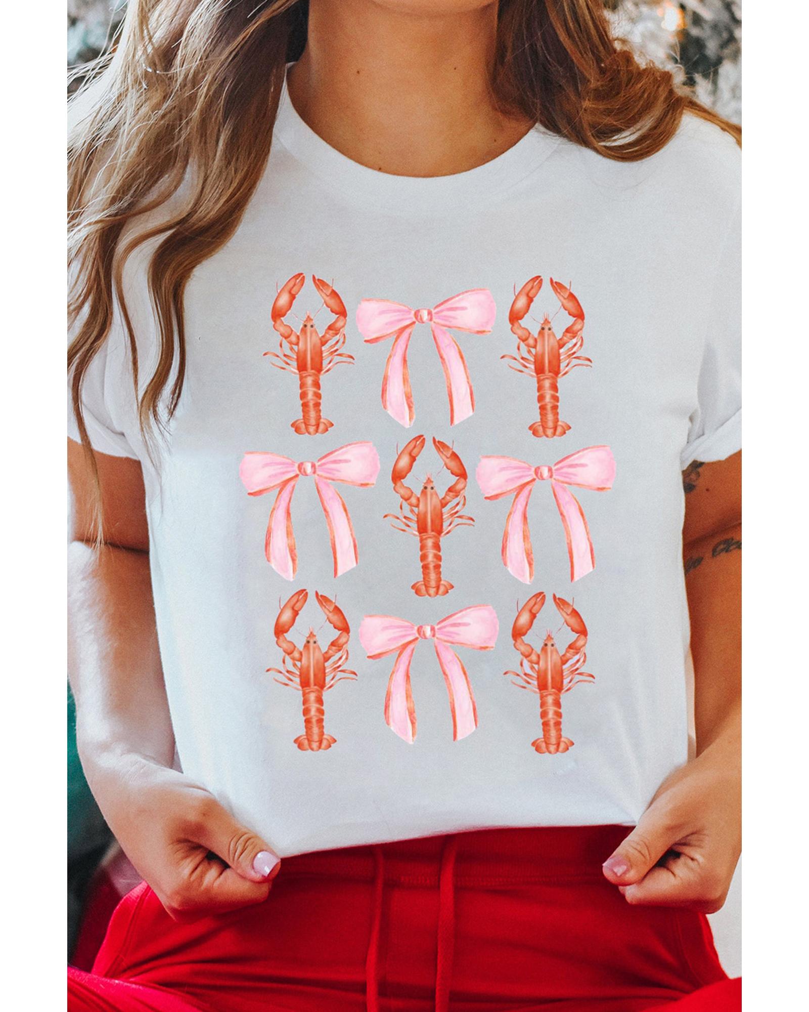 V539-AZEXDC25228542-1-M-202508291750-00 White Crawfish Bow Printed Summer T Shirt - M - Image 1