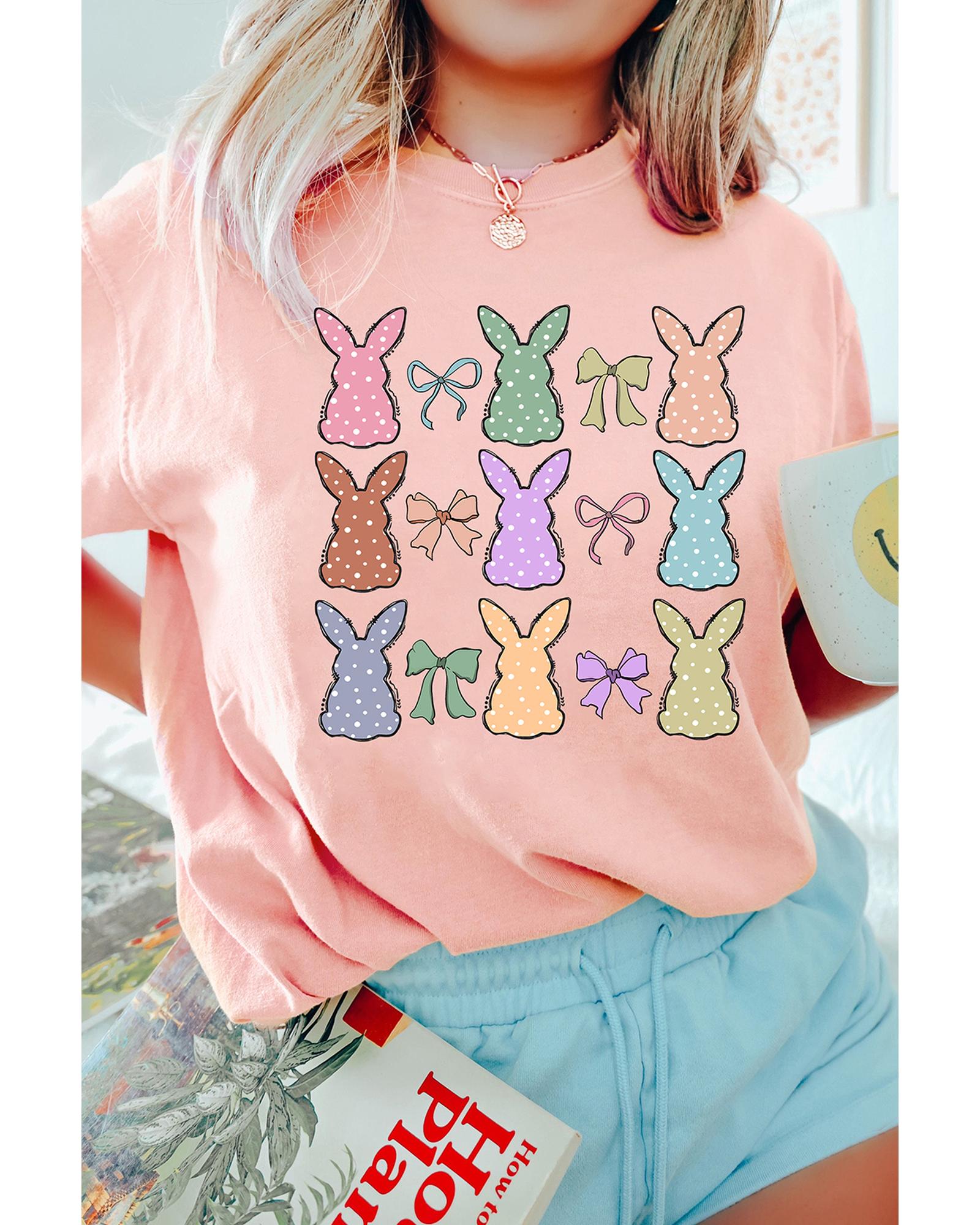 V539-AZEXDC25228546-10-3XL-202508280655-00 Pink Dotty Bunny Bow Printed Easter Day Fashion T Shirt - 3XL - Image 1