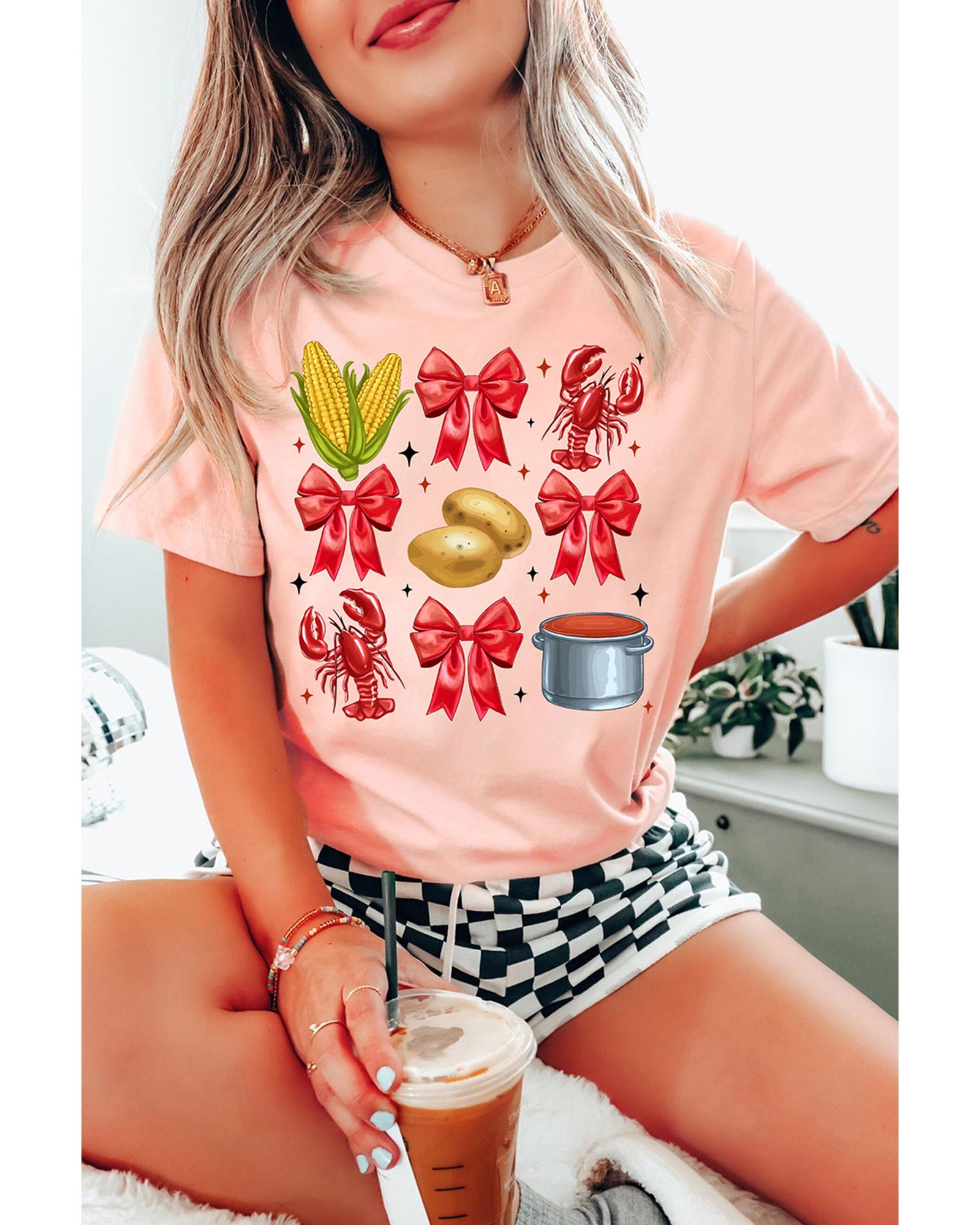 V539-AZEXDC25228550-10-S-202506122345-00 Pink Summer Food Bow Crawfish Printed T Shirt - S - Image 1