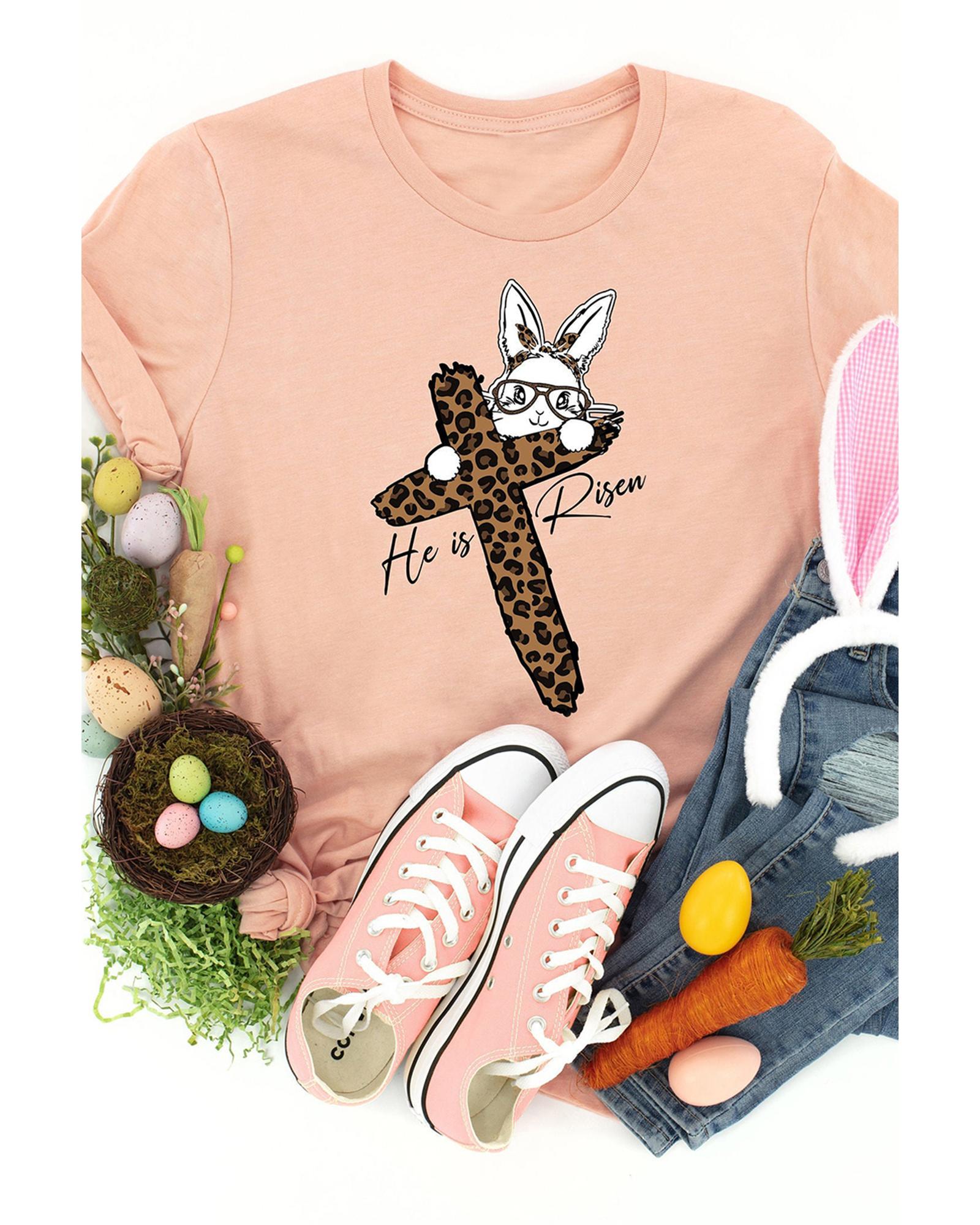 V539-AZEXDC25228552-10-XL-202508271020-00 Pink He is Risen Easter Bunny Leopard Cross Graphic Tee - XL - Image 1