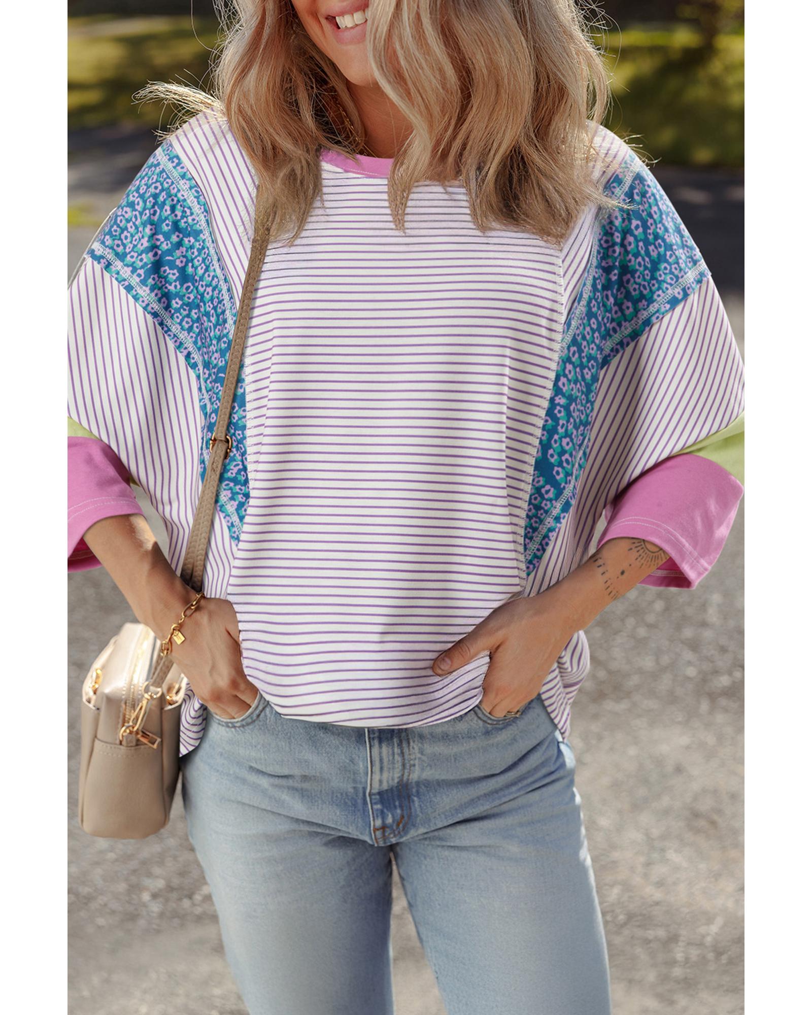 V539-AZEXDC25228590-P819-M-202508272010-00 Purple Stripe Floral Color Block Raw Edge Patchwork Bracelet Sleeve Blouse - M - Image 1