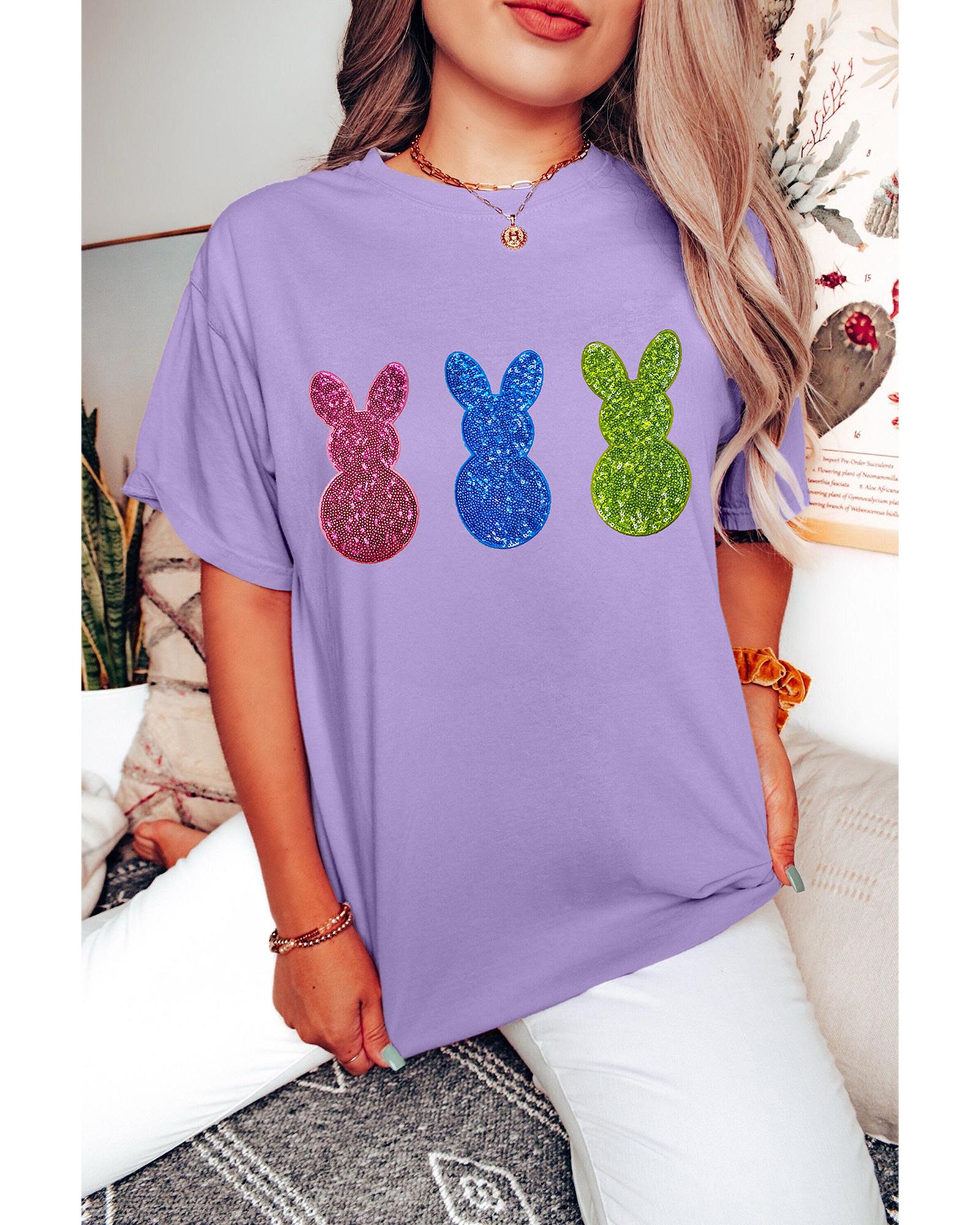 V539-AZEXDC25228614-P208-S-202506130031-00 Wisteria Easter Shiny Bunny Graphic Crewneck T Shirt - S - Image 1