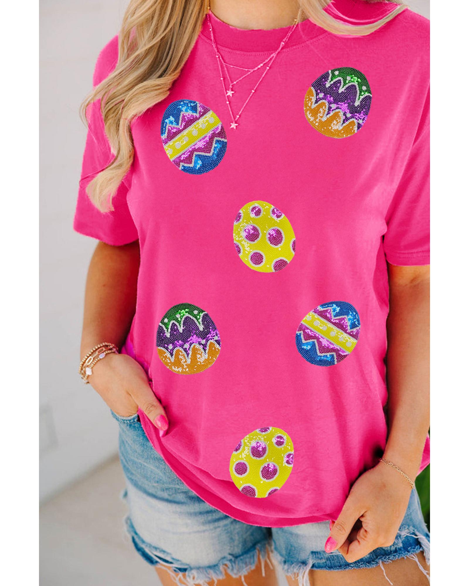 V539-AZEXDC25228616-P6-S-202506130032-00 Rose Red Easter Eggs Patched Crew Neck Graphic Tee - S - Image 1