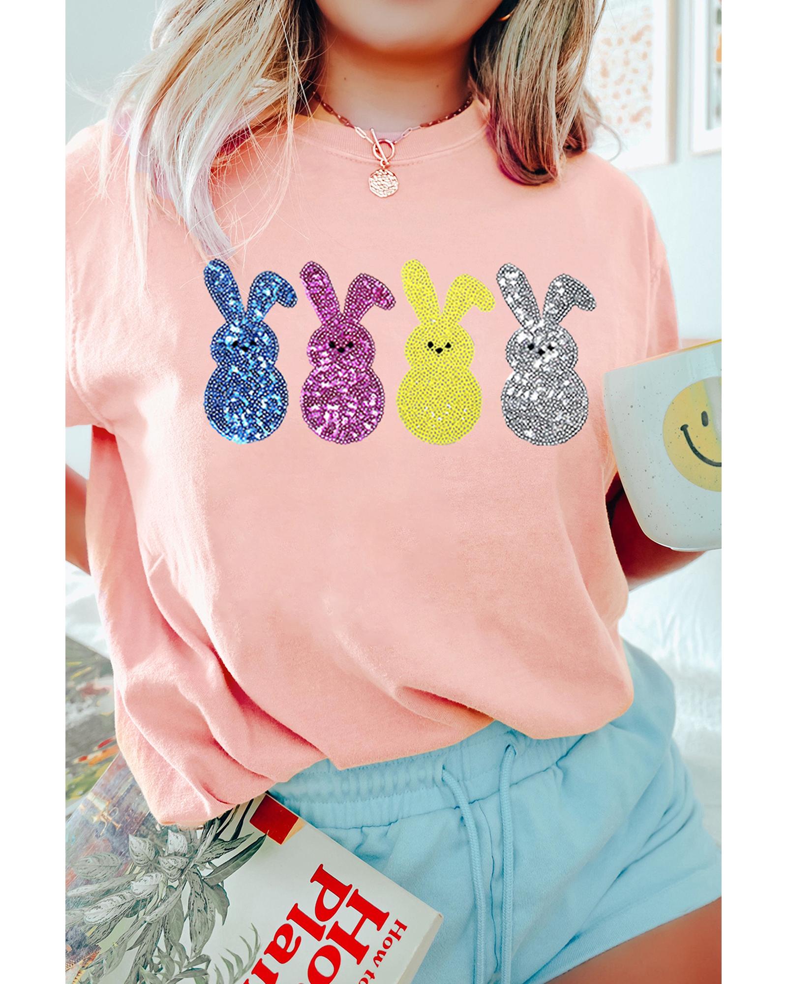 V539-AZEXDC25228653-10-2XL-202508280210-00 Pink Sequin Cute Bunny Graphic Easter Fashion Tee - 2XL - Image 1
