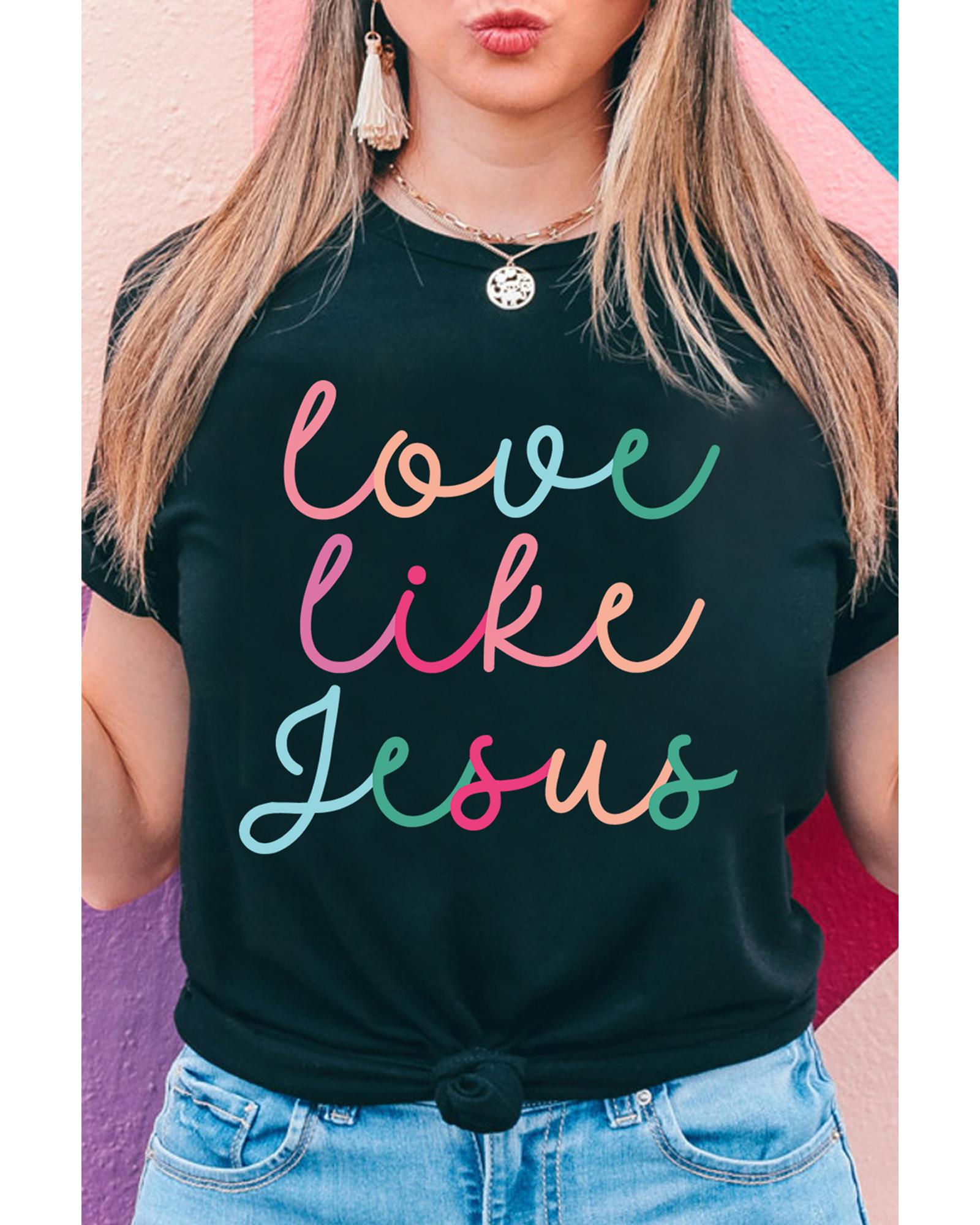V539-AZEXDC25228678-2-M-202508290200-00 Black Love Like Jesus Crew Neck Graphic Tee - M - Image 1