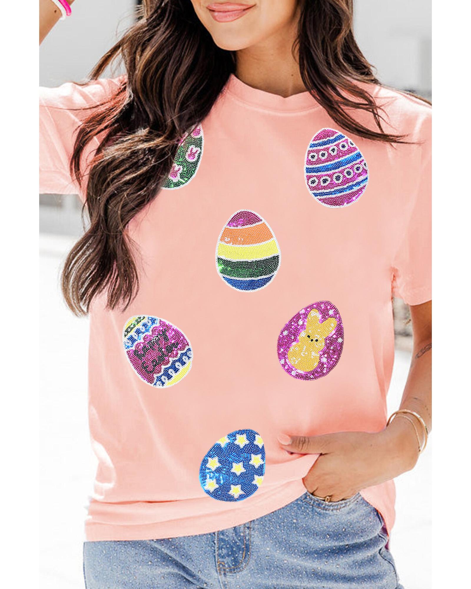 V539-AZEXDC25228689-10-3XL-202508292040-00 Pink Sequin Easter Eggs Graphic Crewneck T Shirt - 3XL - Image 1