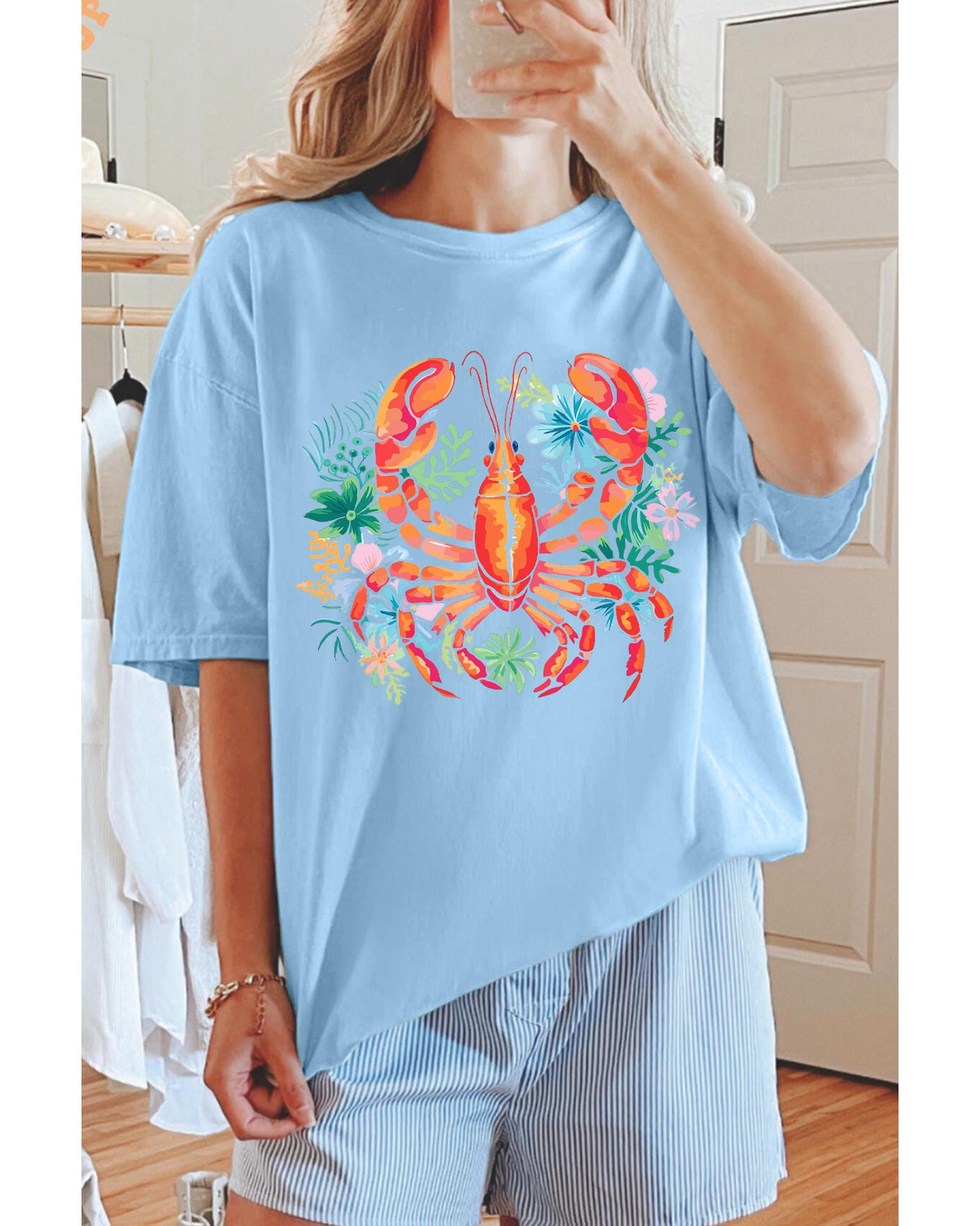 V539-AZEXDC25228834-P4-L-202508292100-00 Light Blue Floral Summer Lobster Graphic Tee - L - Image 1