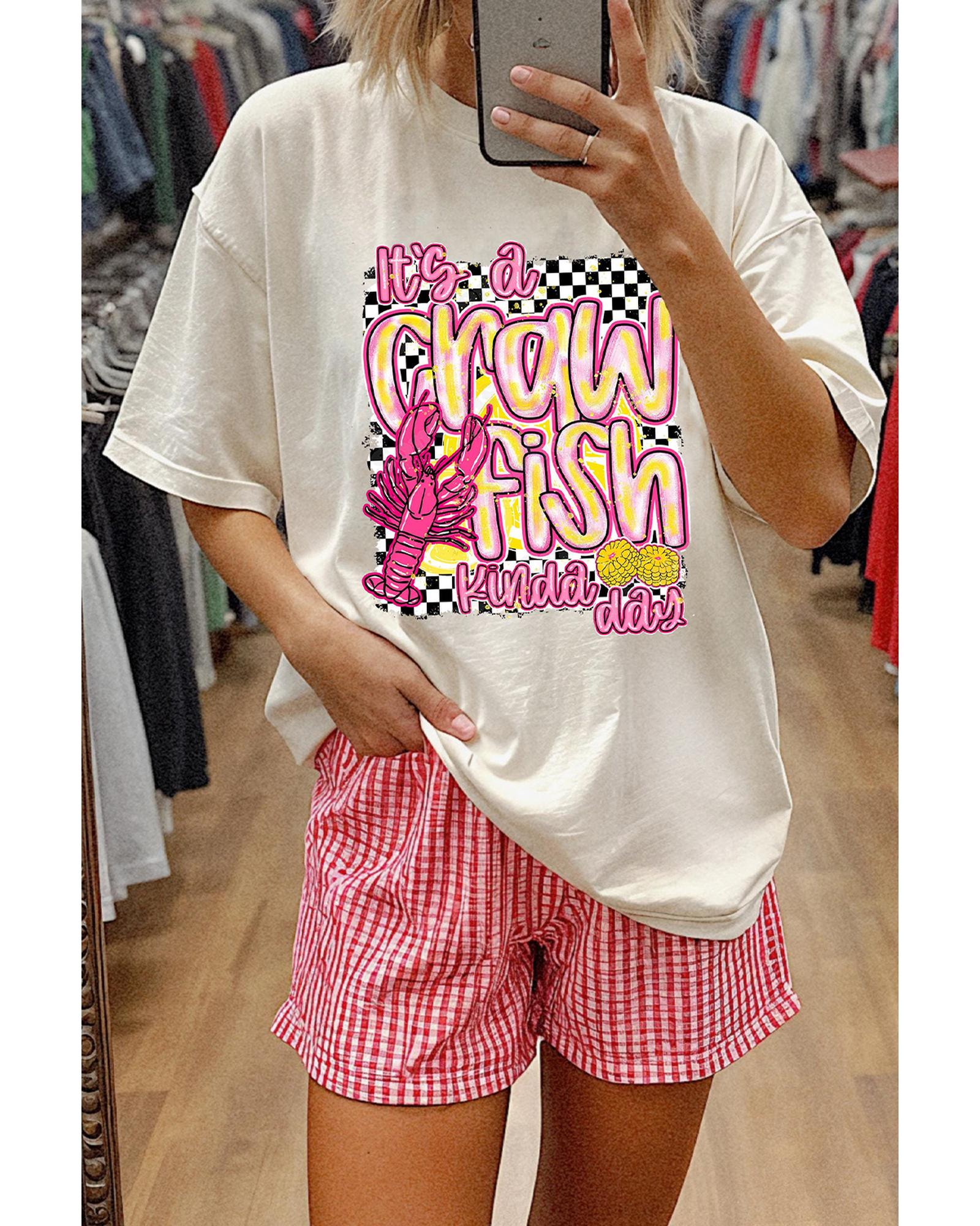 V539-AZEXDC25228836-1-2XL-202508281030-00 White Crawfish Checkered Pattern Graphic Tee - 2XL - Image 1