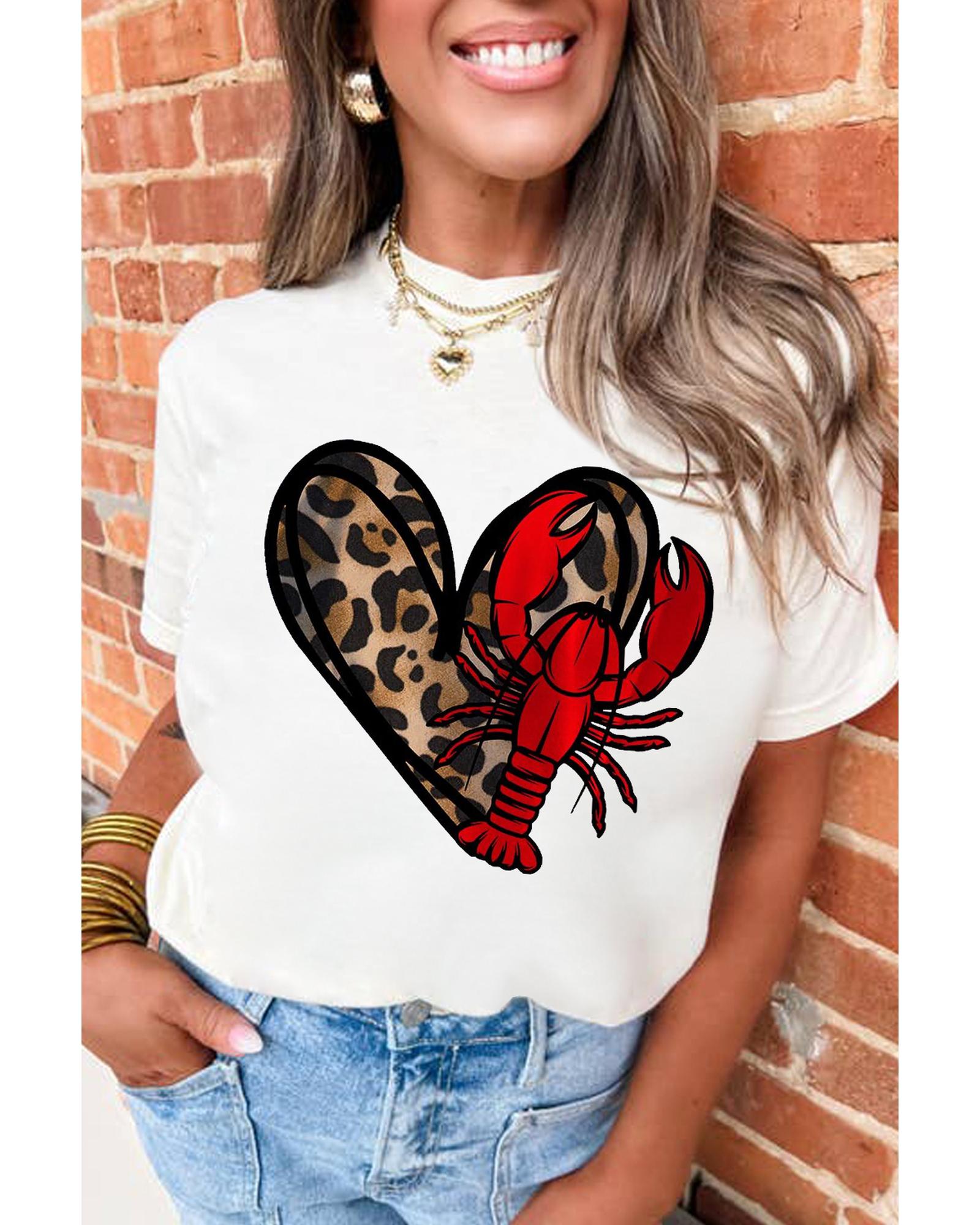 V539-AZEXDC25228849-1-2XL-202508300600-00 White Crawfish Leopard Heart Print Crewneck Tee - 2XL - Image 1