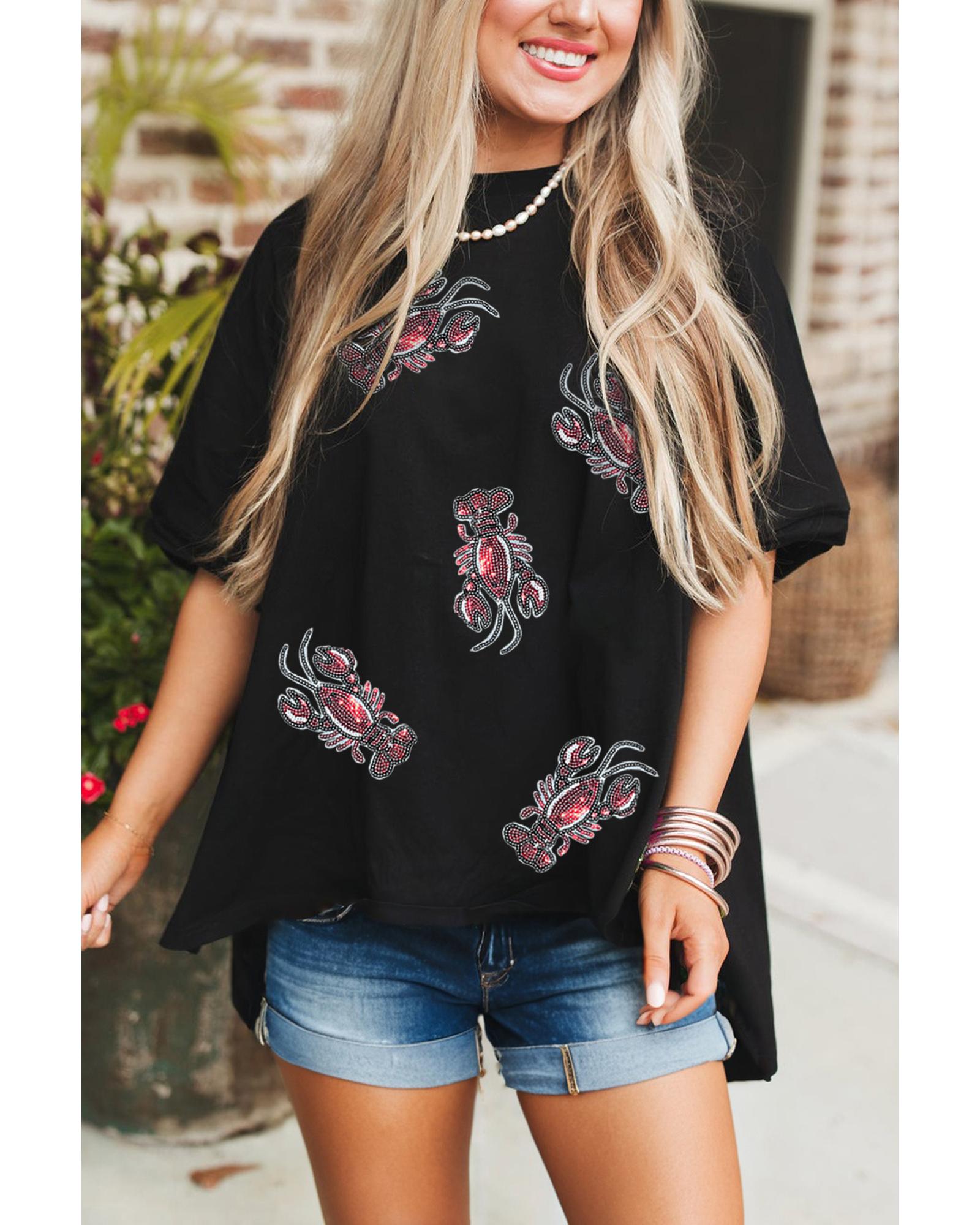 V539-AZEXDC25228850-P2-L-202508280835-00 Black Sequin Crawfish Graphic High Low Loose T Shirt - L - Image 1