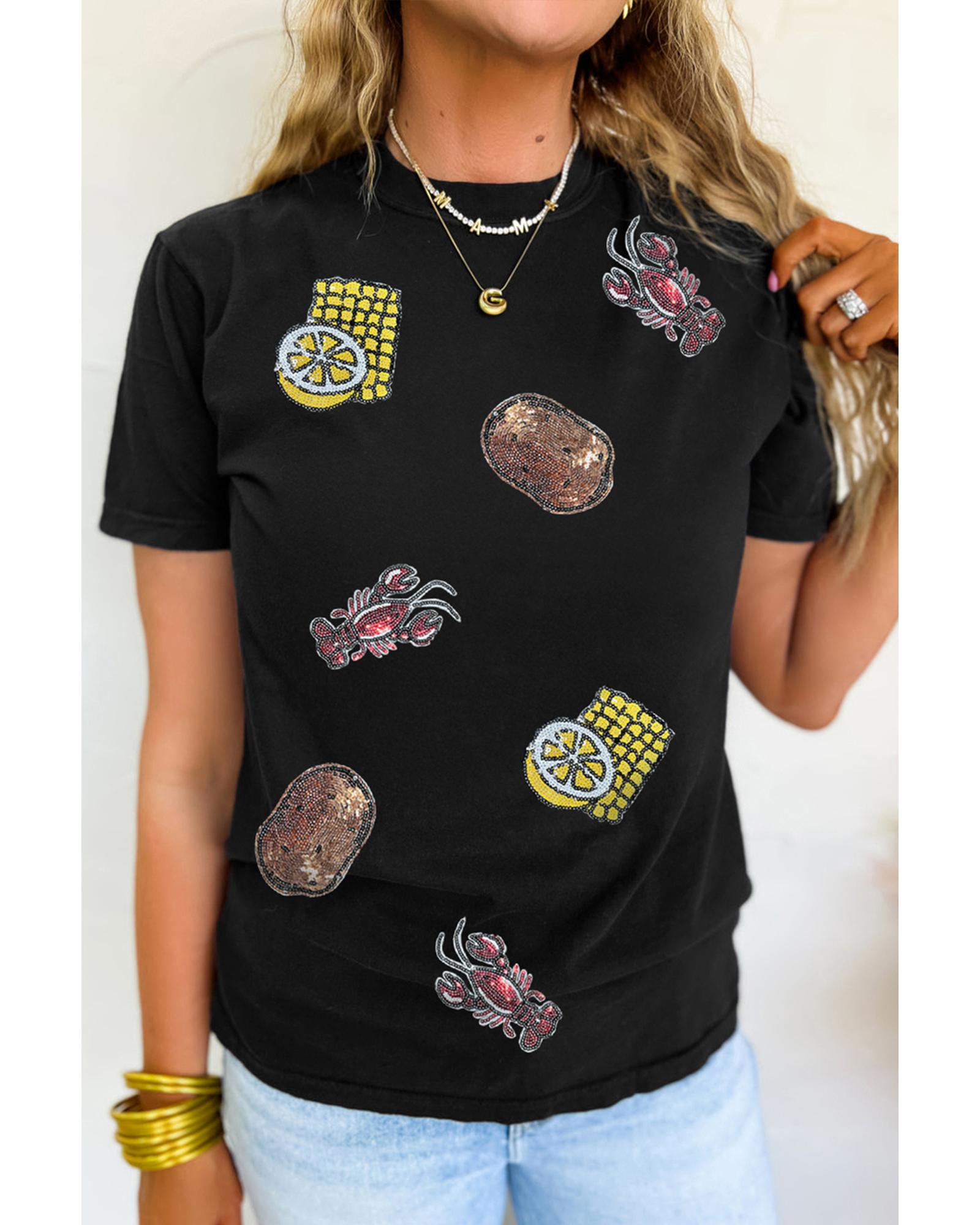 V539-AZEXDC25228852-2-2XL-202508292300-00 Black Sequin Crawfish Potato Lemon Corn Graphic Crewneck T Shirt - 2XL - Image 1
