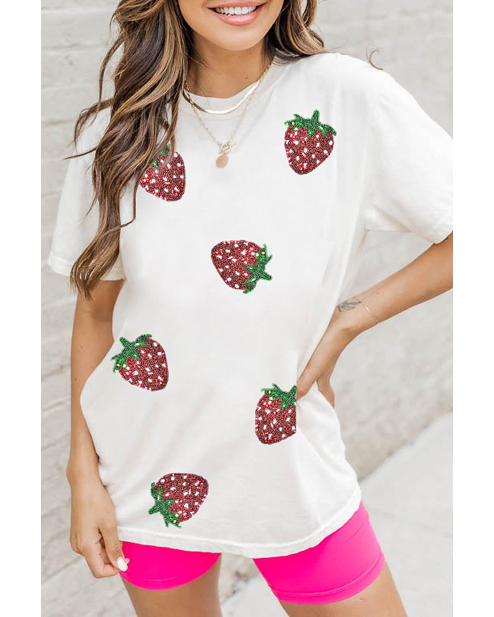 V539-AZEXDC25228861-1-3XL-202508281645-00 White Sequin Strawberry Patched Crew Neck T Shirt - 3XL - Image 1