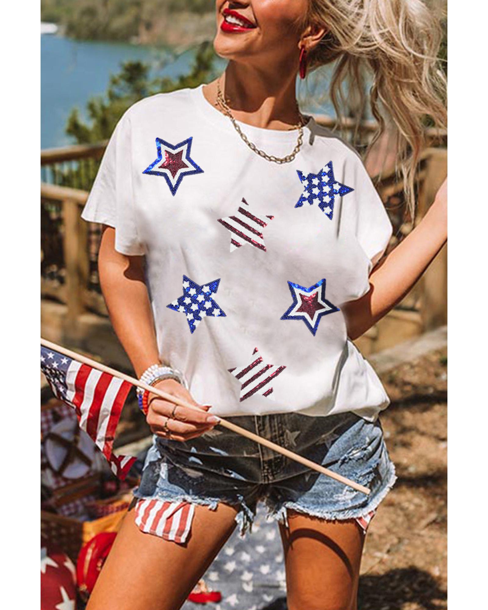 V539-AZEXDC25228879-1-XL-202508280425-00 White USA Sequin Stars Patched Casual T Shirt - XL - Image 1