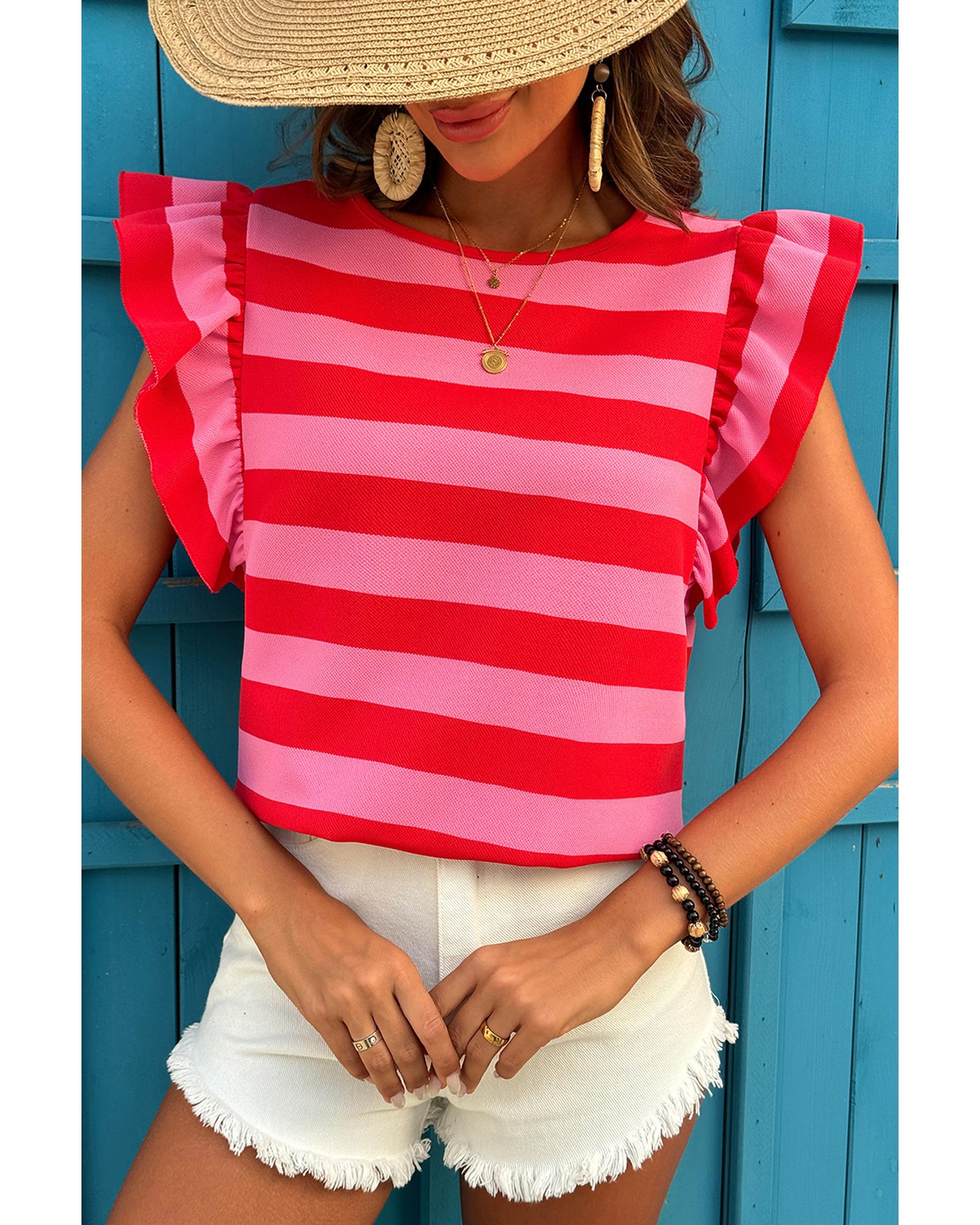 V539-AZEXDC25228906-P319-XS-202506122126-00 Red Stripe Flutter Sleeve Round Neck T Shirt - XS - Image 1